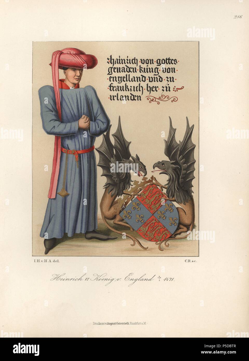 Il re Enrico VI di Inghilterra, 1421-1471, a partire da una foto nel diario dei Cavalieri di Ehingen. Con due black-draghi alati tenendo la sua consulta araldica stemma di leoni e fleurs-de-lys. Chromolithograph da Hefner-Alteneck 'costumi, opere d'arte e apparecchi dal Medioevo fino alla fine del xviii secolo", Francoforte, 1883. IIlustration disegnato da Hefner-Alteneck, litografata dal C. Regnier, e pubblicato da Heinrich Keller. Il dottor Jakob Heinrich von Hefner-Alteneck (1811-1903) era un archeologo tedesco, storico dell'arte e illustrator. Egli è stato direttore del Museo Nazionale Bavarese da 1 Foto Stock