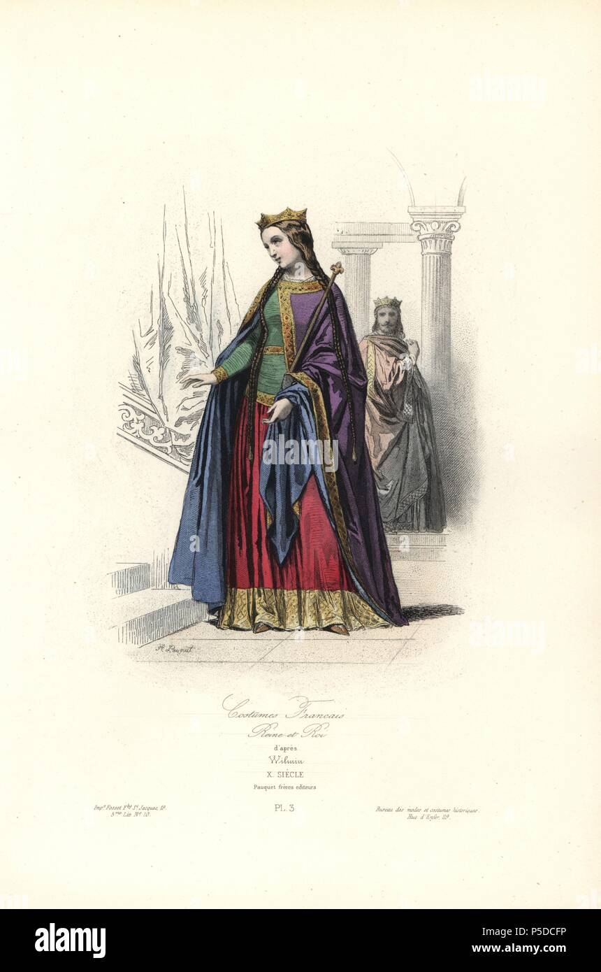 Costumi di regalità francese, decimo secolo. Acciaio Handcolored incisione di Hippolyte Pauquet da un disegno di Wilmin dai fratelli Pauquet 'Modi et costumi Historiques" (Storico delle mode e dei costumi), Paris, 1865. Hippolyte (b. 1797) e critica Polydor Pauquet (b. 1799) ha eseguito con successo una casa editrice di Parigi nel XIX secolo, specializzata in libri illustrati sul costume, uccelli, farfalle, anatomia e storia naturale. Foto Stock
