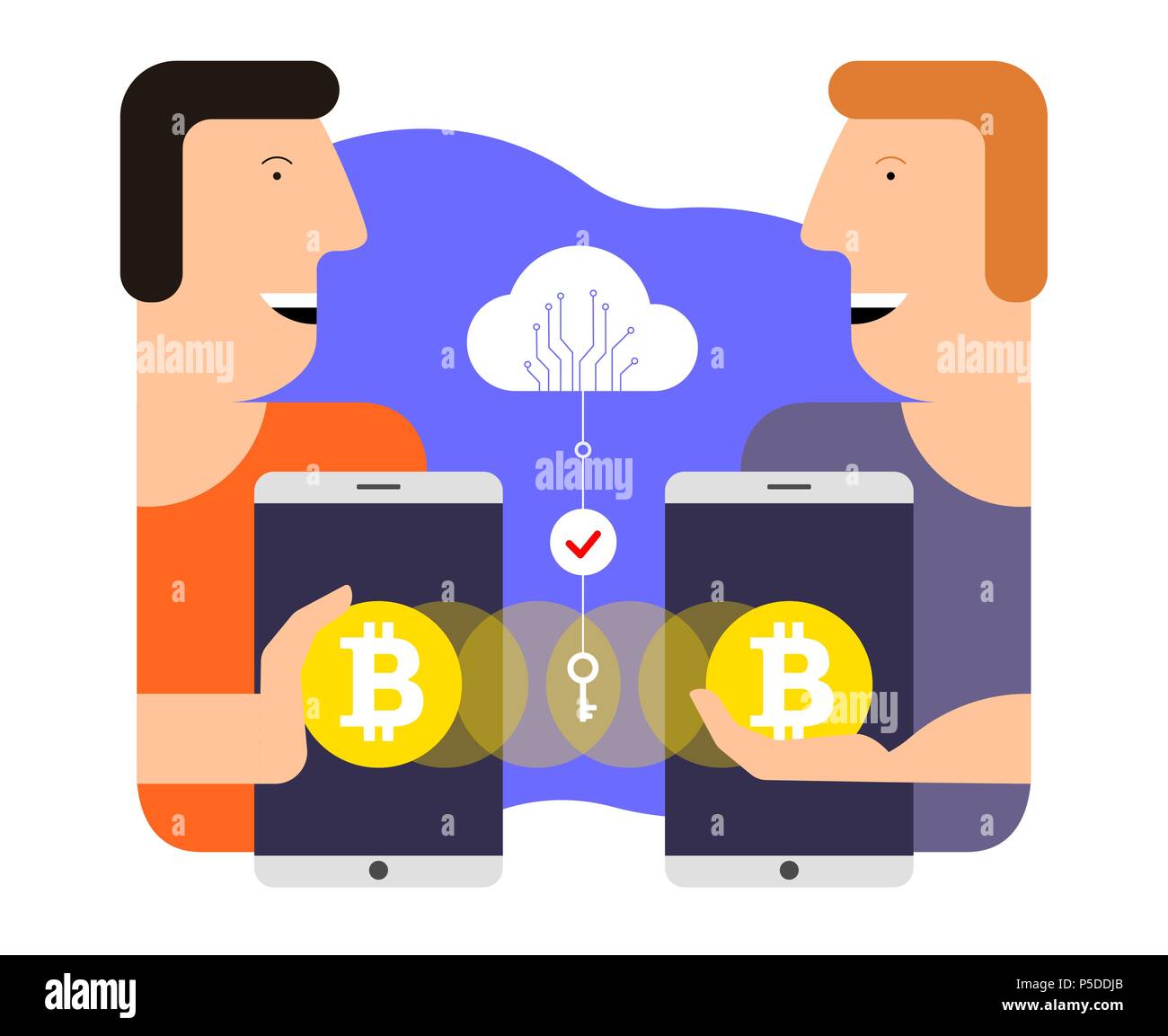 Bitcoin scambio e trasferimento. Tecnologia Cryptocurrency concetto illustrazione Illustrazione Vettoriale