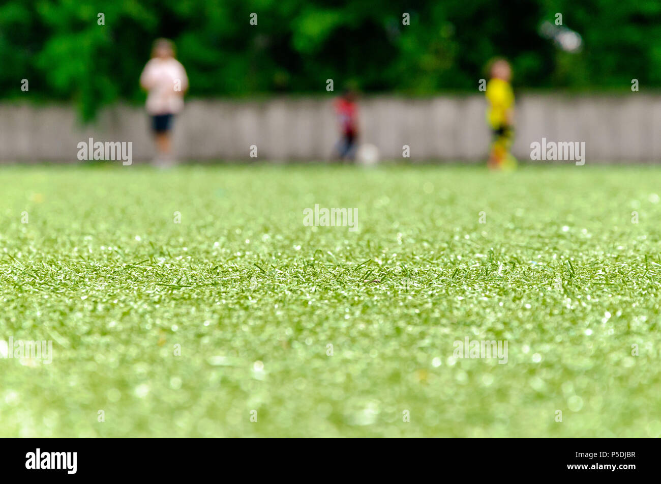 Prato di calcio, tre player in background. Soccer closeup dettaglio texture di sfondo. Foto Stock