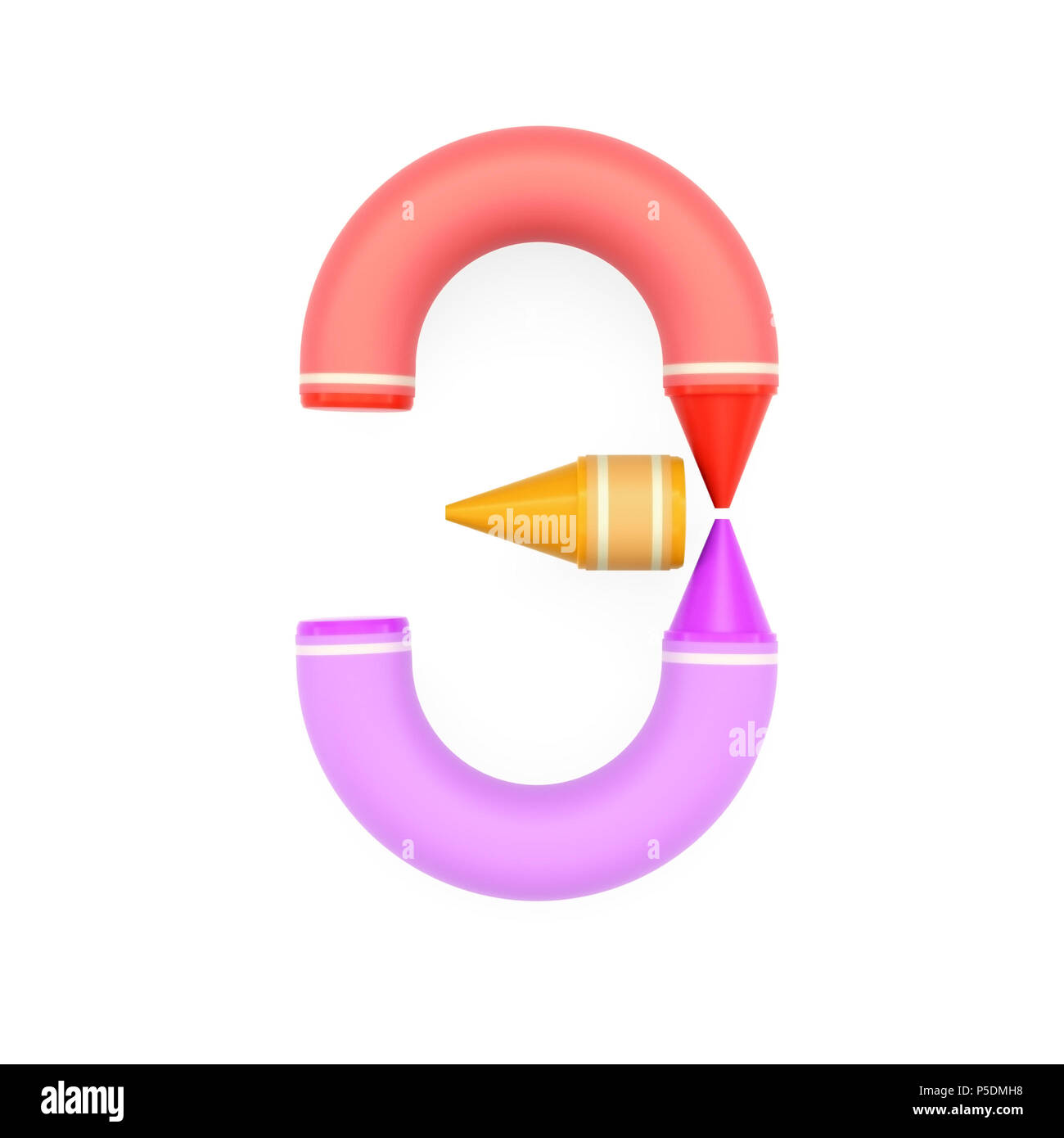 La cera colorata pastelli assemblato come cifra matematica 3 su sfondo bianco, immagine 3D rappresentata per l'istruzione matematica e tipografia infantile Foto Stock