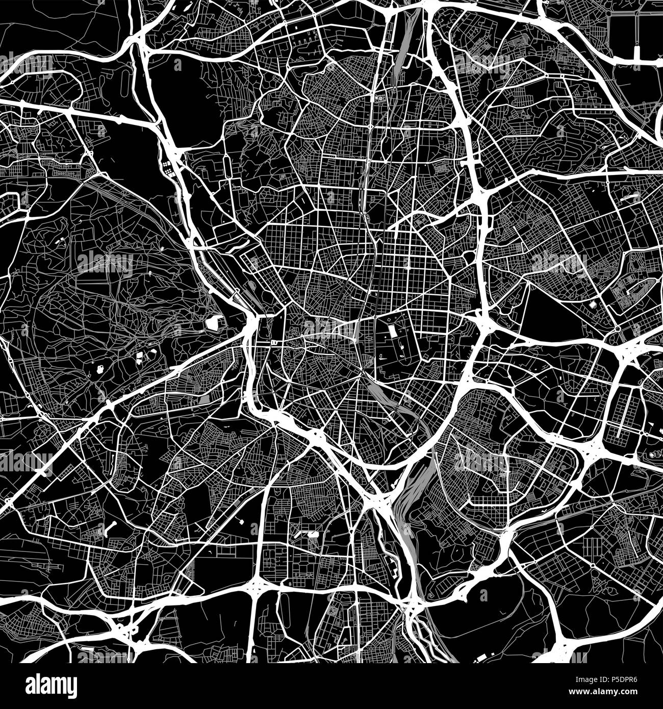Mappa della zona di Madrid, Spagna. Sfondo scuro versione per una infografica e progetti di marketing. Questa mappa di Madrid contiene punti di riferimento tipico con strade, Foto Stock