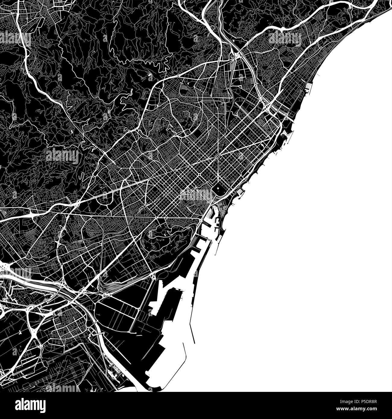 Mappa della zona di Barcellona, Spagna. Sfondo scuro versione per una infografica e progetti di marketing. Questa mappa di Barcellona contiene punti di riferimento tipico con st Foto Stock