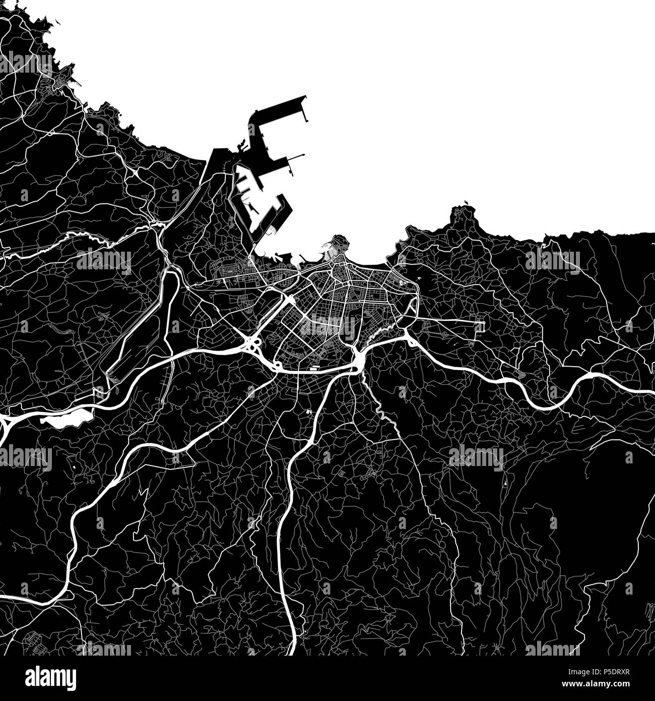 Mappa Area di Gijón, Spagna. Sfondo scuro versione per una infografica e progetti di marketing. Questa mappa di Gijón contiene punti di riferimento tipico con strade, w Illustrazione Vettoriale