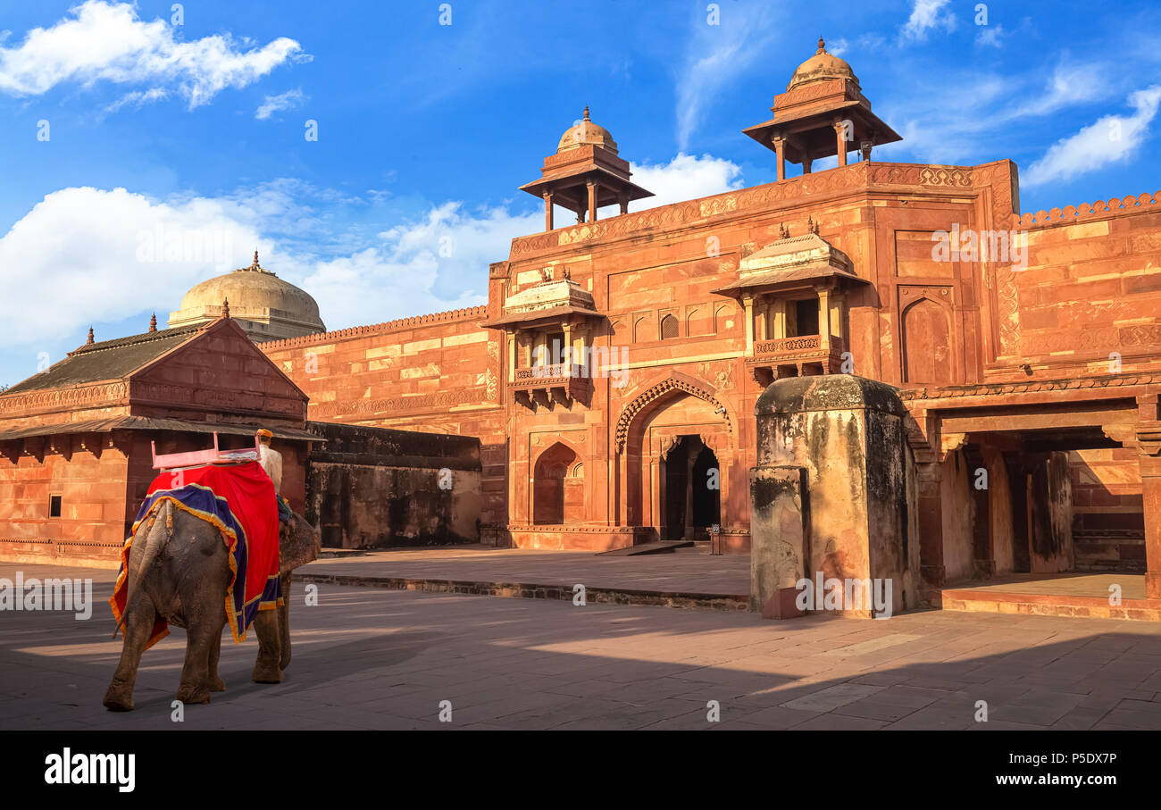 Decorate elefante indiano presso lo storico palazzo reale entrata a Fatehpur Sikri Agra, India. Foto Stock