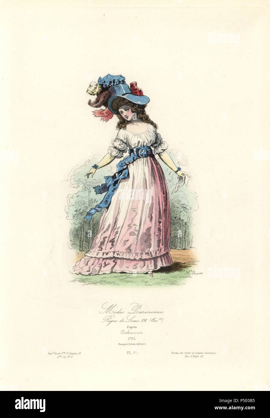 Moda parigina, regno di Luigi XVI, 1792. Acciaio Handcolored incisione di Hippolyte Pauquet dopo Philibert-Louis Debucourt dai fratelli Pauquet 'Modi et costumi Historiques" (Storico delle mode e dei costumi), Paris, 1865. Hippolyte (b. 1797) e critica Polydor Pauquet (b. 1799) ha eseguito con successo una casa editrice di Parigi nel XIX secolo, specializzata in libri illustrati sul costume, uccelli, farfalle, anatomia e storia naturale. Foto Stock