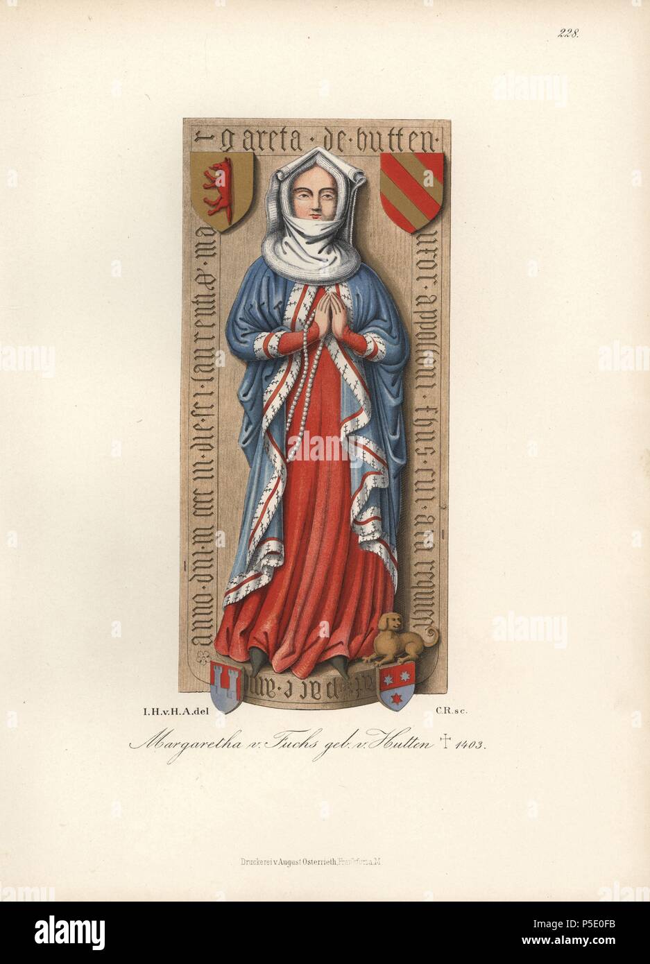 Abito da sposa di Margaretha von Fuchs 1403. Chromolithograph da Hefner-Alteneck 'costumi, opere d'arte e apparecchi dal Medioevo fino alla fine del xviii secolo", Francoforte, 1883. IIlustration disegnato da Hefner-Alteneck, litografata dal C. Regnier, e pubblicato da Heinrich Keller. Il dottor Jakob Heinrich von Hefner-Alteneck (1811-1903) era un archeologo tedesco, storico dell'arte e illustrator. Egli è stato direttore del Museo Nazionale Bavarese dal 1868 fino al 1886. Foto Stock