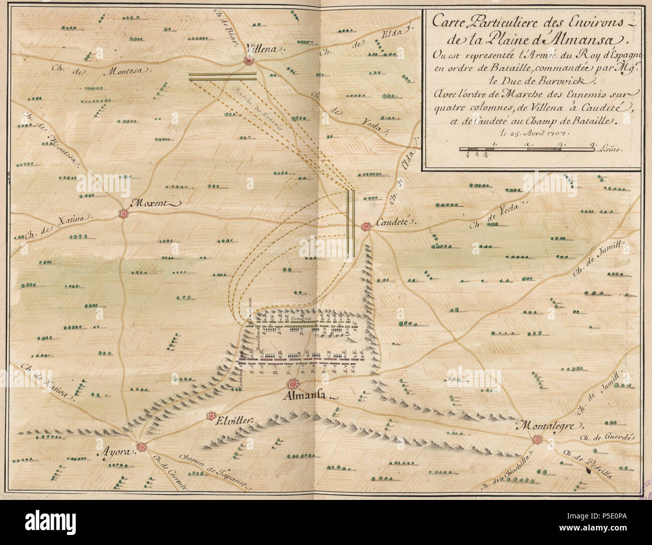 N/A. Español: Mapa del Área de Almansa que muestra la evolución de la Batalla de Almansa el 25 de abril de 1707. Français : Carte Particuliere des dintorni de la Plaine d'Almansa. Ou est representée l'Armée du Roy d'Espagne en ordre de Bataille, commandée par Mg.r le Duc de Barwick. Aven l'ordre de Marche des Ennemis sur quatre colomnes, de Villena à Caudeté, et de Caudeté au Champ de Bataille [sic]. 1709. Sconosciuto 279 Carte Particuliere des dintorni de la Plaine d'Almansa (1709) Foto Stock