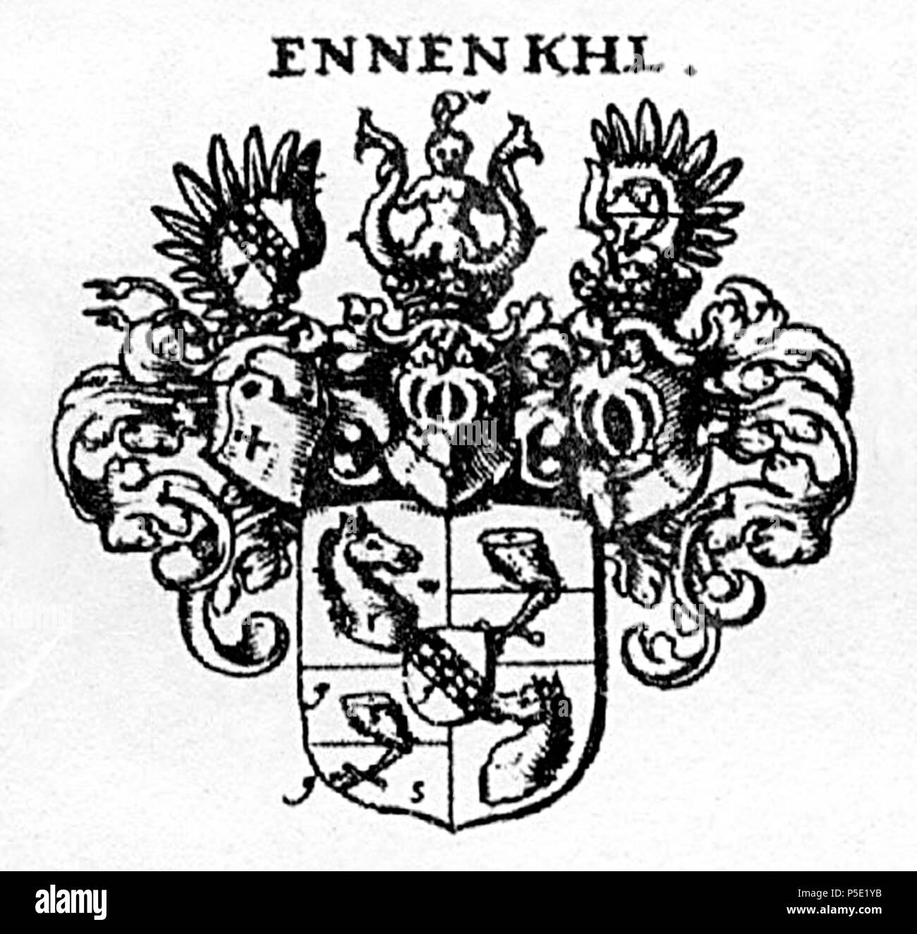 N/A. Inglese: Stemma di Ennenkel (Baroni) Deutsch: Wappen der Freiherrn von Ennenkel . tra il 1701 e il 1705. Johann Siebmacher (1561-1611) nomi alternativi Johann Ambrosius Siebmacher Johann Sibmacher, Johann Syber Descrizione pittore tedesco, incisore e incisore, Data di nascita e morte circa 1561 23 Marzo 1611 / 1611 Luogo di nascita e morte di Norimberga Autorità di Norimberga controllo : Q74965 VIAF:56733639 ISNI:0000 0001 1838 8099 LCCN:N50027224 GND:119546655 SELIBR:91661 WorldCat 355 COA Baroni Ennenkhl bw Foto Stock