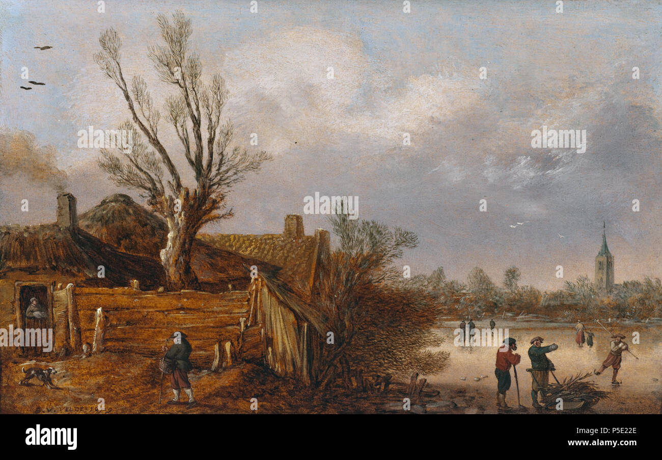 N/A. Inglese: Cottage e fiume congelato Olio su carta montata su legno 21.27 x 33.66 cm firmato b.l.: E. V. VELDE 1629 . 1629. N/A 384 Cottages e frozen river, da Esaias van de Velde Foto Stock
