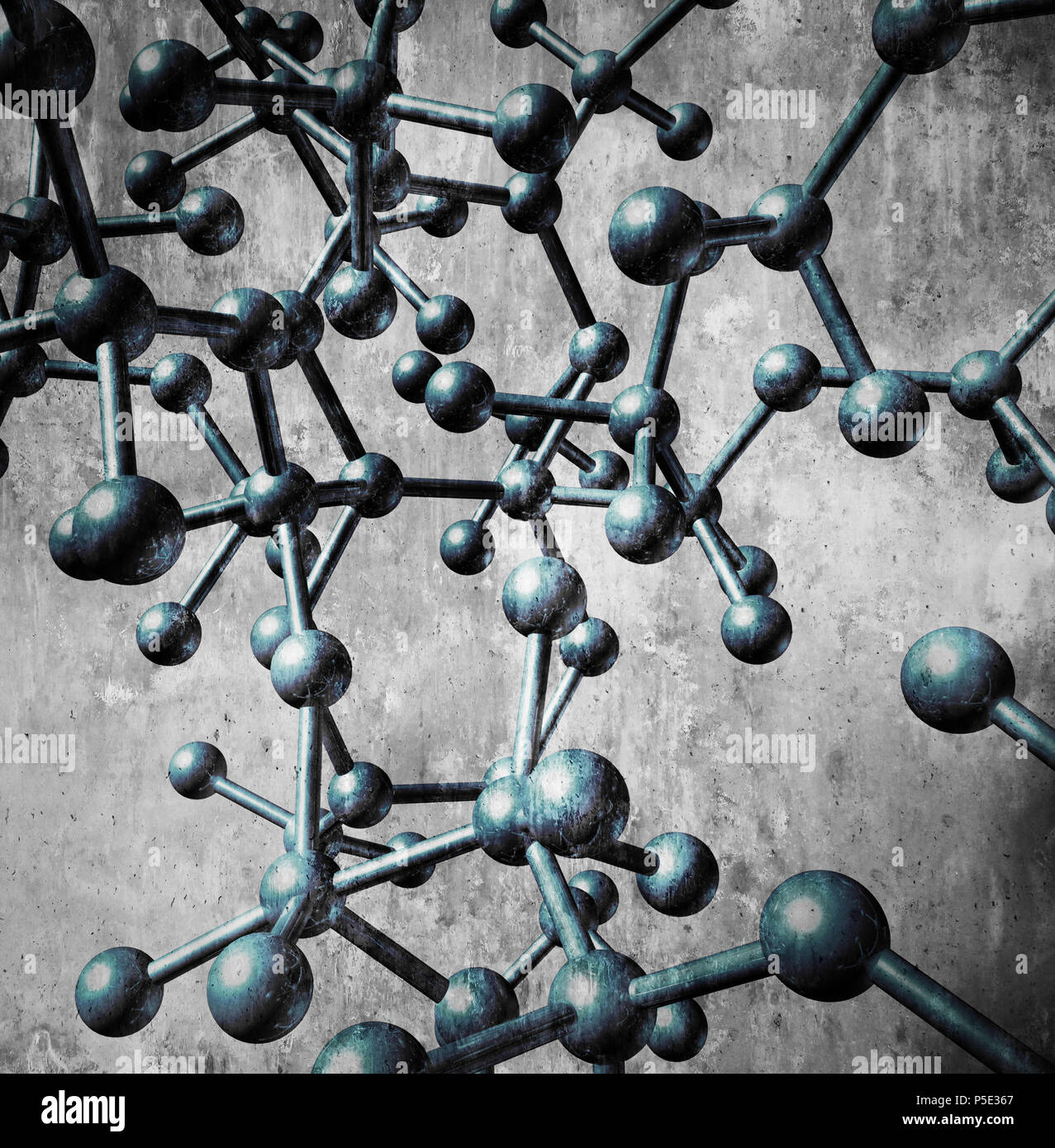 Icona di molecola nozione come un gruppo di tre atomi di dimensionale in uno sfondo blu collegati tra di loro da legami chimici come una scienza molecolare. Foto Stock