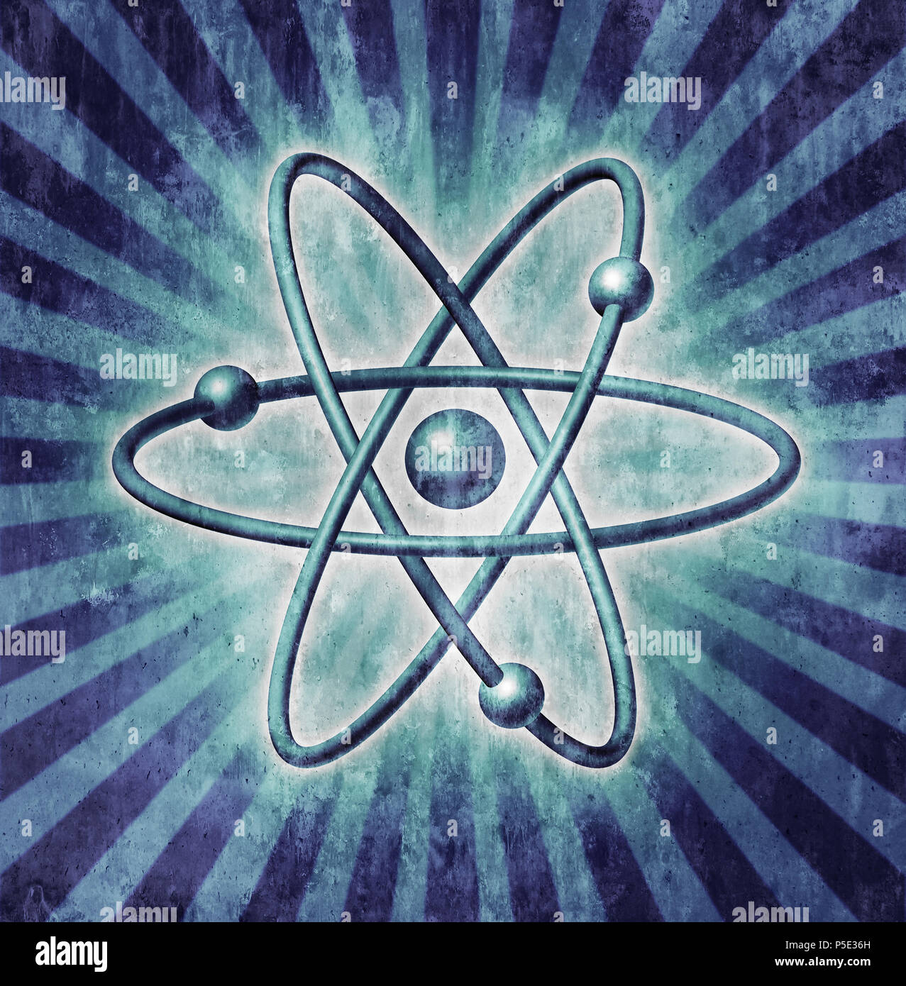 Struttura di atomo come un simbolo di scientifica di molecolare protoni, neutroni ed elettroni come la ricerca nel campo delle biotecnologie icona come 3D render. Foto Stock