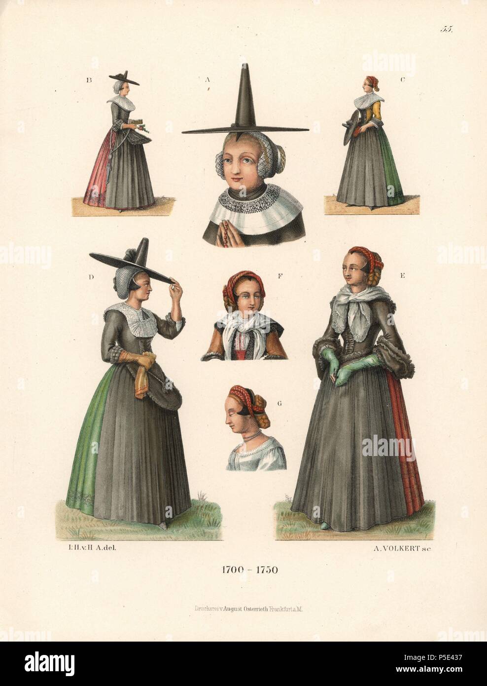 La moda delle mogli di borghesi dai primi anni del XVIII secolo, tra cui  ampia-colmato cappelli conici, pizzo collari, guanti, stretti corpetti e  piena di gonne. Da stampe e dipinti in miniatura