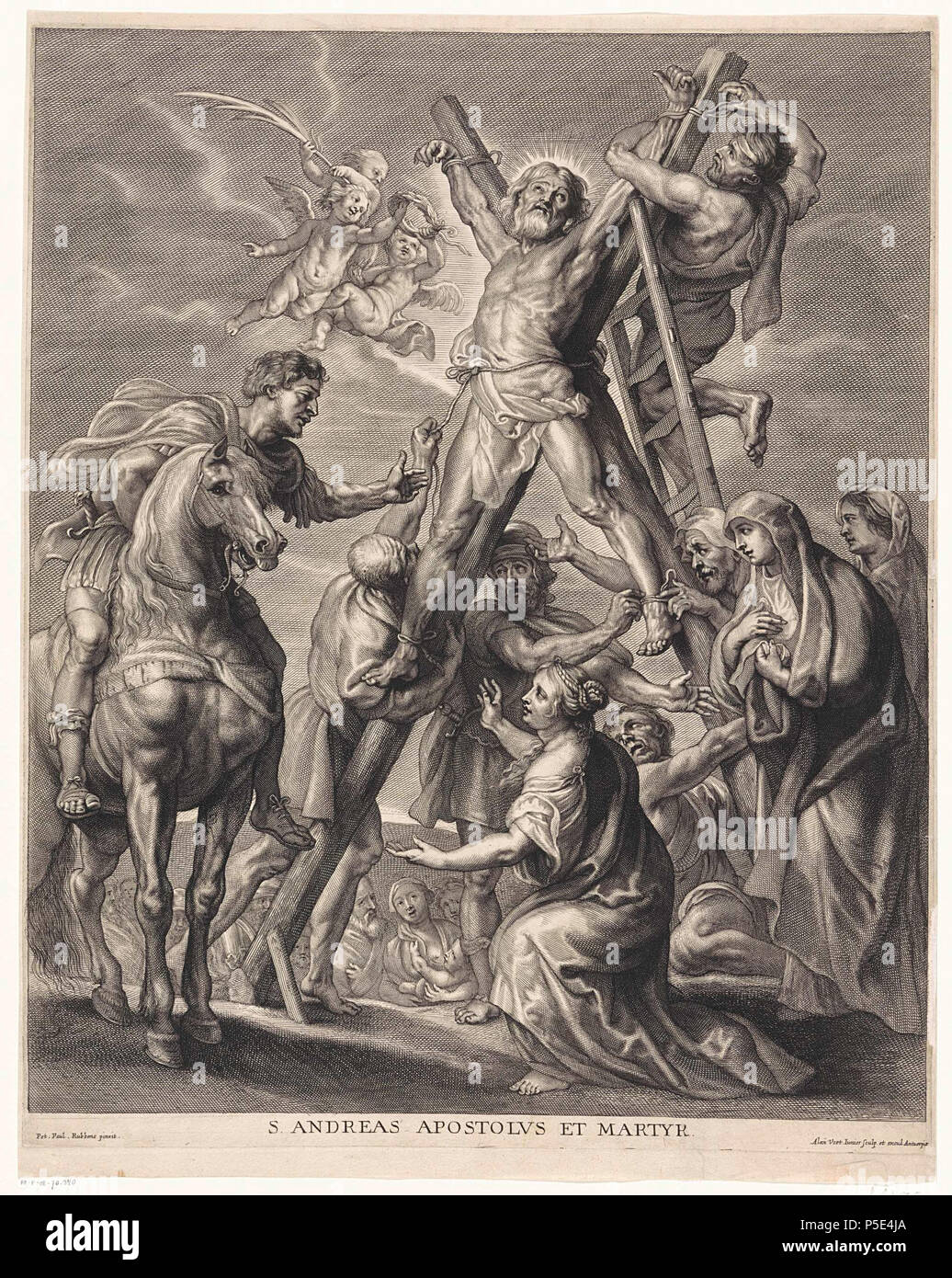 Inglese: la crocifissione di St Andrew. San Andreas Apostolvs et martire (titolo in oggetto) tra 1645 e 1689. N/A 81 Alexander Voet (II), Peter Paul Rubens (Dopo) - La Crocifissione di St Andrew Foto Stock