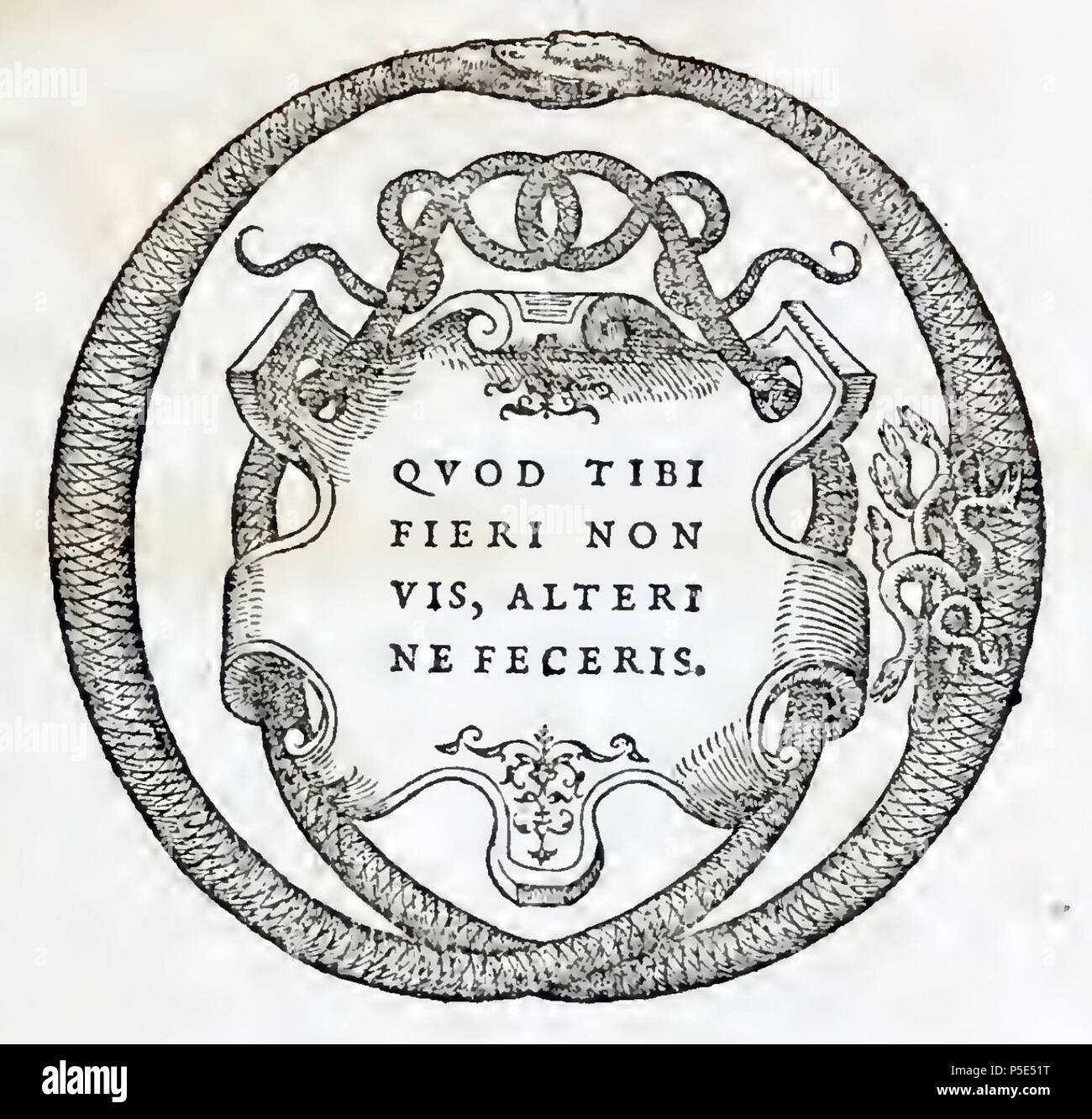 N/A. Inglese: Dispositivo e il motto della casa di stampa di Jean de Tournes, da M. Vitrvvii Pollionis De architectvra libri decem, annuncio Caes. Avgvstvm, omnibus omnium editionibus longè emendatiores, collatis veteribus exemplis (1586), ristampa del 1552 edition (ultima foglia, non numerato) . Il 4 agosto 2013, 23:20:02. Vitruvio (testo); sconosciuto (incisione); disponibile presso http://ia600401.us.archive.org/9/items/vitrvviipollioni00vitr/vitrvviipollioni00vitr.pdf 445 dispositivo e il motto di Jean de Tournes Foto Stock