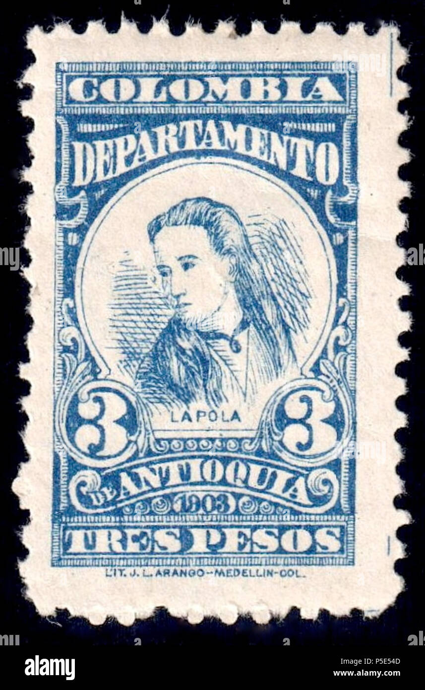 N/A. Inglese: dipartimento colombiano di Antioquia 3 pesos, Blu menta. Raffiguranti Policarpa Salavarrieta nota anche come La Pola. Catalogo: Sc. 154 . tra 1903 e 1904. Il governo colombiano 110 Antioquia 1903-04 Sc154 Foto Stock