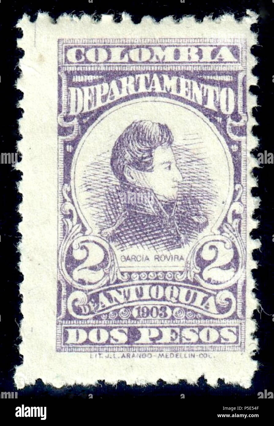 N/A. Inglese: dipartimento colombiano di Antioquia 2 pesos viola, menta. Raffiguranti José Custodio Cayetano García Rovira i Neogranadine generale. Catalogo: Sc. 153 . tra 1903 e 1904. Il governo colombiano 110 Antioquia 1903-04 Sc153 Foto Stock