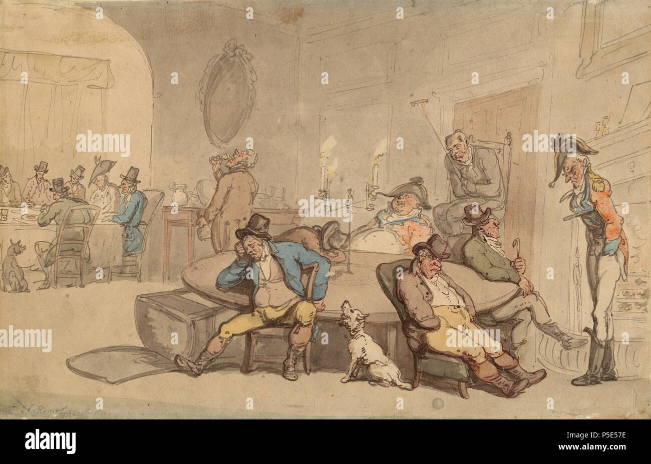 N/A. Acquerello originale caricatura firmata da Rowlandson; scena nel club lounge, che mostra i membri e gli accompagnatori seduta, sonnecchia, mangiare ecc., compresi 2 ufficiali dell' esercito e il cane . 1798. Thomas Rowlandson (1756-1827) Descrizione inglese pittore, disegnatore e incisore e illustratore Data di nascita e morte 14 Luglio 1756 22 aprile 1827 Luogo di nascita e morte Londra London sede di lavoro Londra, Parigi (1774), Francia, Germania, Italia, Rotterdam (ca. 1794), Amsterdam (ca. 1794), Paesi Bassi (ca. 1794) Autorità di controllo : Q318584 VIAF: 56672964 ISNI: 0000 0001 2134 1830 ULAN: 500006930 LCCN: N50022 Foto Stock