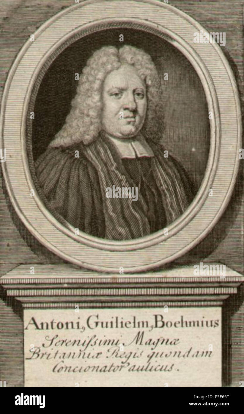 N/A. Inglese: Ritratto di Anton Wilhelm Böhme (1673-1722), luterano tedesco  cappellano reale a Londra. circa 1720. Ignoto intagliatore 66 AG Boehmius  Foto stock - Alamy