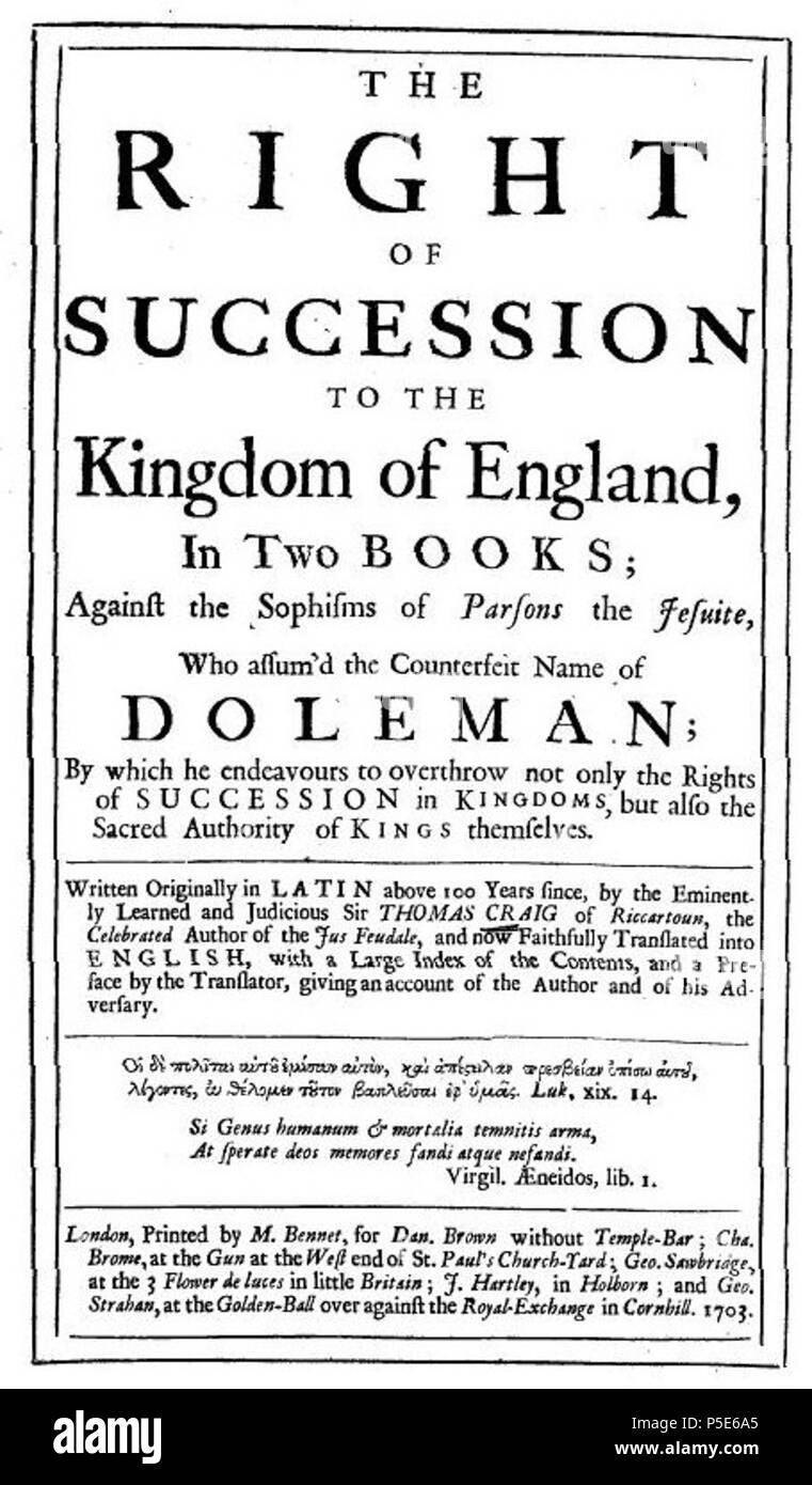 N A Inglese Pagina Titolo Del Diritto Di Successione Al Regno Di Inghilterra 1703 Traduzione In