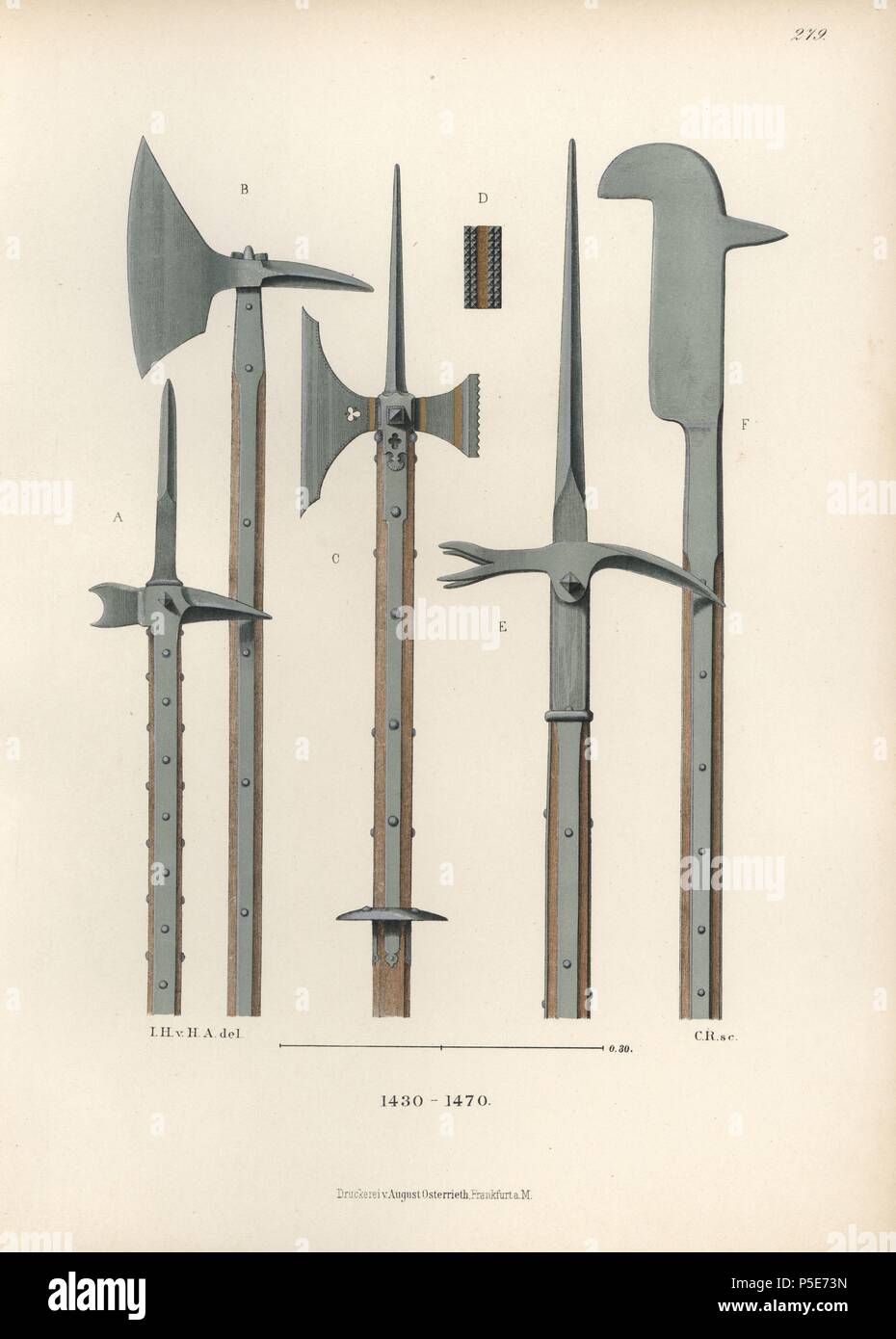 Lucci, alabarde e pole armi dalla metà del XV secolo di proprietà di G. Wittemann, Geisenheim. Esempio E è un martello di Lucerna. Chromolithograph da Hefner-Alteneck 'costumi, opere d'arte e apparecchi dal Medioevo fino alla fine del xviii secolo", Francoforte, 1883. IIlustration disegnato da Hefner-Alteneck, litografata dal C. Regnier, e pubblicato da Heinrich Keller. Il dottor Jakob Heinrich von Hefner-Alteneck (1811-1903) era un archeologo tedesco, storico dell'arte e illustrator. Egli è stato direttore del Museo Nazionale Bavarese dal 1868 fino al 1886. Foto Stock