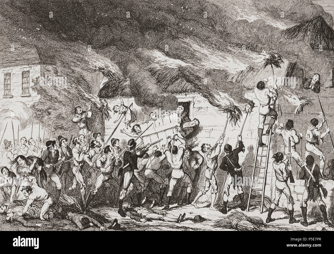 "Massacro a Scullabogue". Illustrazione di George Cruikshank. Il massacro è stato un atrocità commesse dai ribelli durante il 1798 ribellione irlandese che è costato la vita ad oltre 100 noncombatant uomini, donne e bambini. Esso ha avuto luogo a Scullabogue, vicino a Newbawn, nella contea di Wexford. Dalla storia della ribellione irlandese nel 1798; con memorie di unione e Emmett di insurrezione in 1803 da W.H. Maxwell. Pubblicato a Londra 1854. Foto Stock