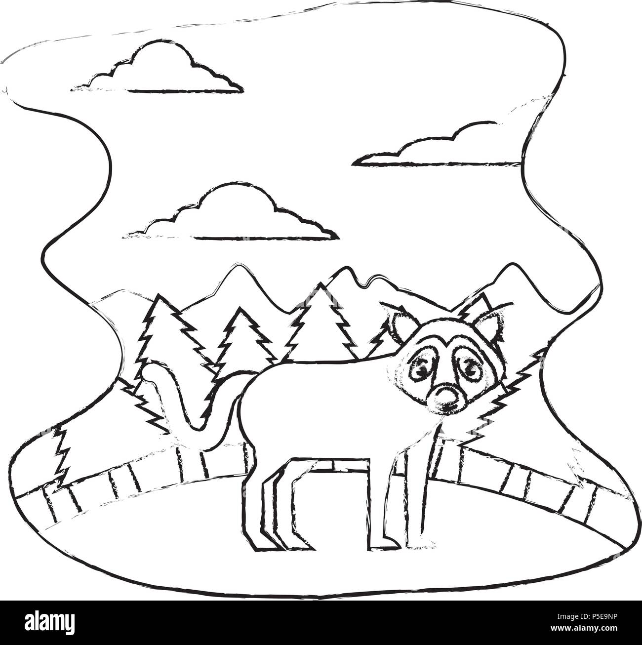 Lupo selvaggio animale con paesaggio icona isolato illustrazione vettoriale design Illustrazione Vettoriale