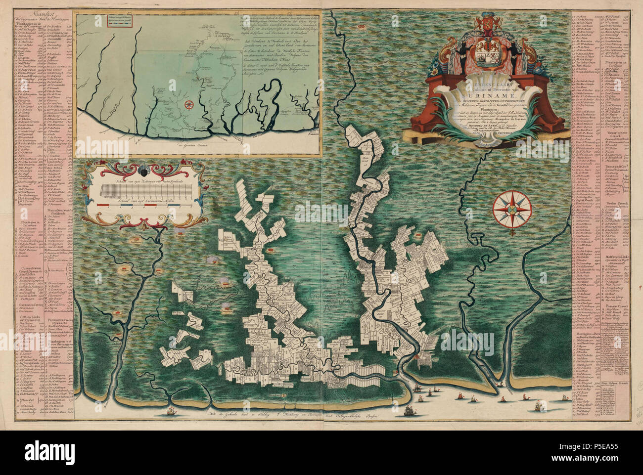 84 Algemene kaart van Suriname, Alexander de Lavaux, Hendrik de Leth, Directeurs van de sociëteit van Suriname, 1737 - 1757 - Il Museo Rijks Foto Stock