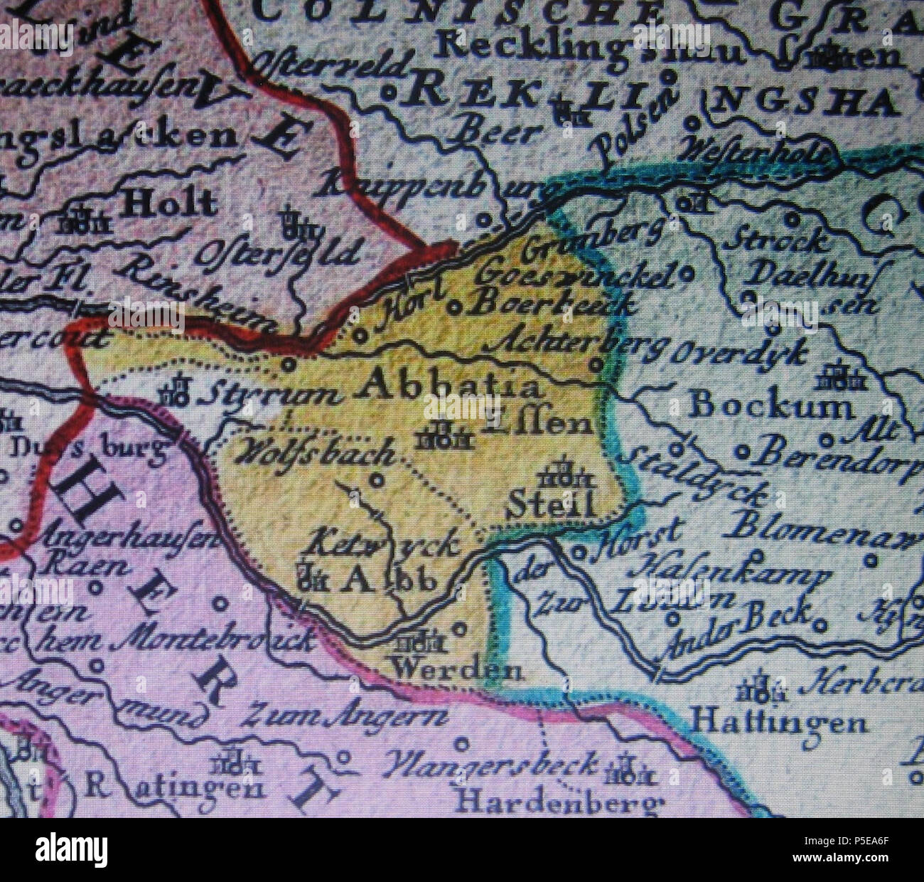 N/A. Inglese: dettaglio del XVIII secolo la mappa mostra la imperial abbazie di Essen e di Werden e la signoria (Herrschaft) di Styrum. Tagliate da una mappa di Vestfalia Circle pubblicato da Homann (eredi nel 1761. 14 Settembre 2014 18:09:00. Homann (eredi, 1761 530 EssenWerdenStyrum 1761 Foto Stock
