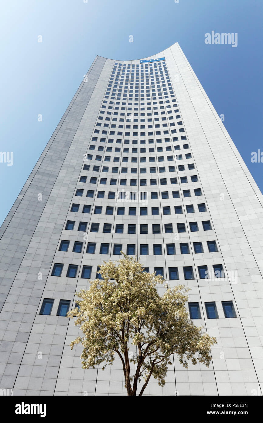Torre Panorama, piastra di Arte Città grattacielo, edificio all'epoca della RDT, Lipsia, Sassonia, Germania Foto Stock