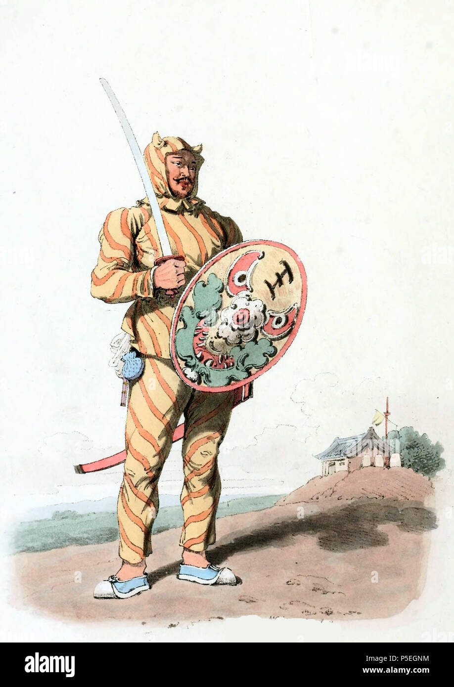 N/A. Inglese: Disegno di William Alexander, relatore per parere della Ambasciata Macartney alla Cina nel 1793. Un soldato cinese di fanteria, o Tiger della guerra. I missionari europei hanno li denominate "le Tigri della guerra", dal loro abito, che ha qualche somiglianza con quella animale; essendo a strisce e avente le orecchie sul cappuccio. Egli detiene un scimitar e scudo fatto di vimini o cesto-lavoro. Sullo schermo è il volto di un mostro di intimidire il nemico. Immagine presa dal costume di Cina, illustrato nelle quarantotto incisioni colorate, pubblicata a Londra nel 1805. 1800. William Alexander (1767-1816 Foto Stock