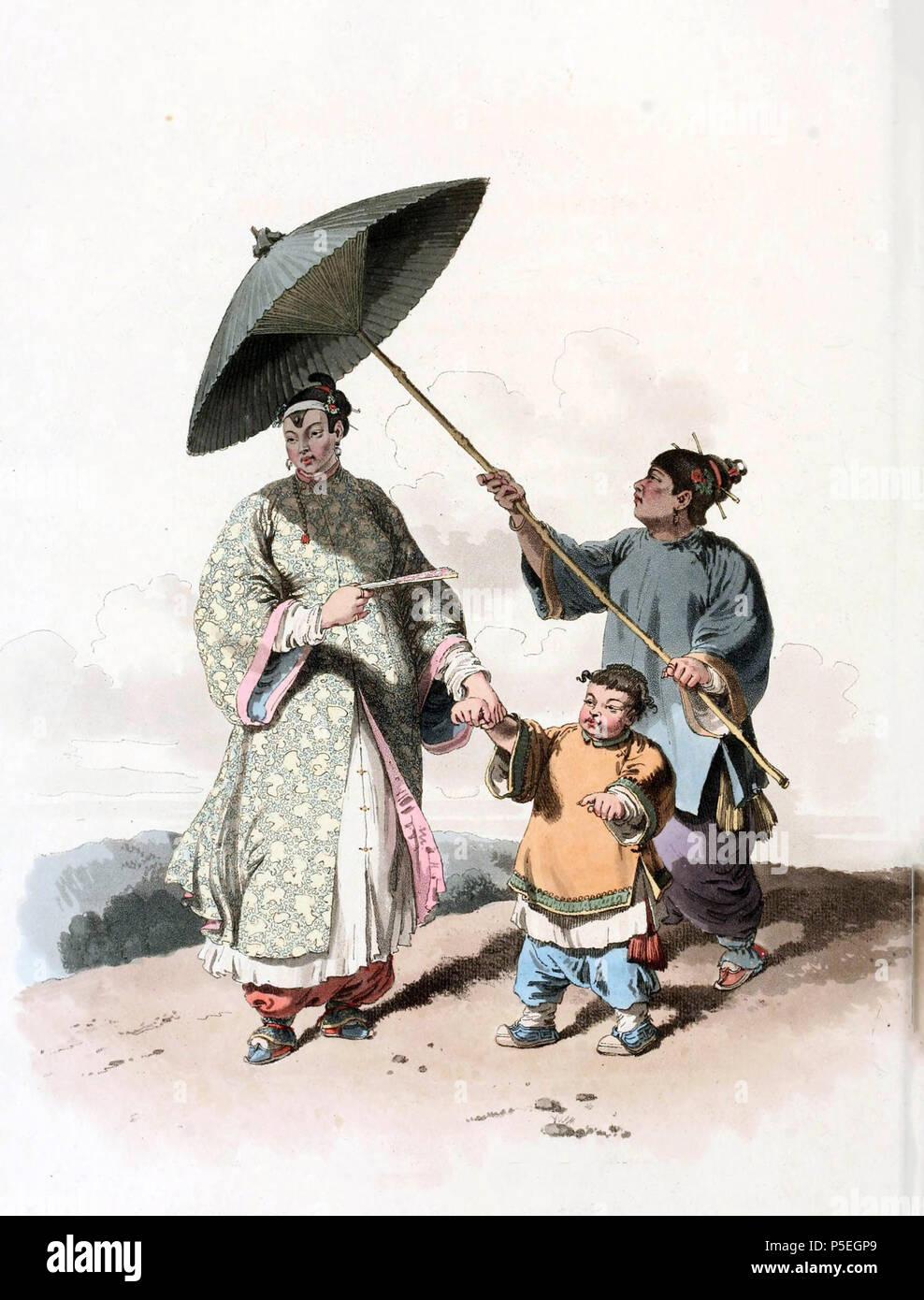 N/A. Inglese: Disegno di William Alexander, relatore per parere della Ambasciata Macartney alla Cina nel 1793. Nobile cinese donna indossa un lungo mantello di seta o di raso, accompagnati con sotto-vest e cassetti di taffettà. I suoi capelli è levigato con olio e strettamente intrecciati e fissati con bodkins di oro e argento; attraverso la fronte che indossa una fascia, dalla quale discende un picco di velluto, decorata con il simbolo di un diamante o perla, e fiori artificiali, sono disposti su ciascun lato della sua testa. Indossa gli orecchini e una stringa di perle profumate. L'uso di cosmetici era ben noto fra i cinesi ricchi signori, p Foto Stock