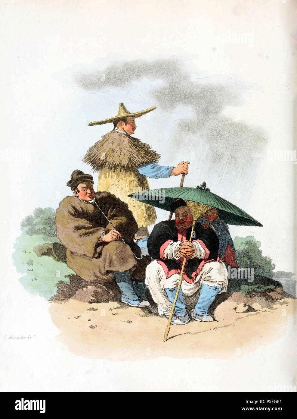 N/A. Inglese: Disegno di William Alexander, relatore per parere della Ambasciata Macartney alla Cina nel 1793. Un gruppo di cinesi la gente comune in attesa per la pioggia per arrestare, tre uomini e un ragazzo, che si nasconde sotto un ombrellone. Immagine presa dal costume di Cina, illustrato nelle quarantotto incisioni colorate, pubblicata a Londra nel 1805. 1800. William Alexander (1767-1816) nomi alternativi Il sig. Alexander; W. Alexander Descrizione Il pittore inglese e redattore Data di nascita e morte 10 Aprile 1767 23 Luglio 1816 Luogo di nascita e morte Maidstone Maidstone competente controllo : Q961465 VIAF: 4680570 Foto Stock