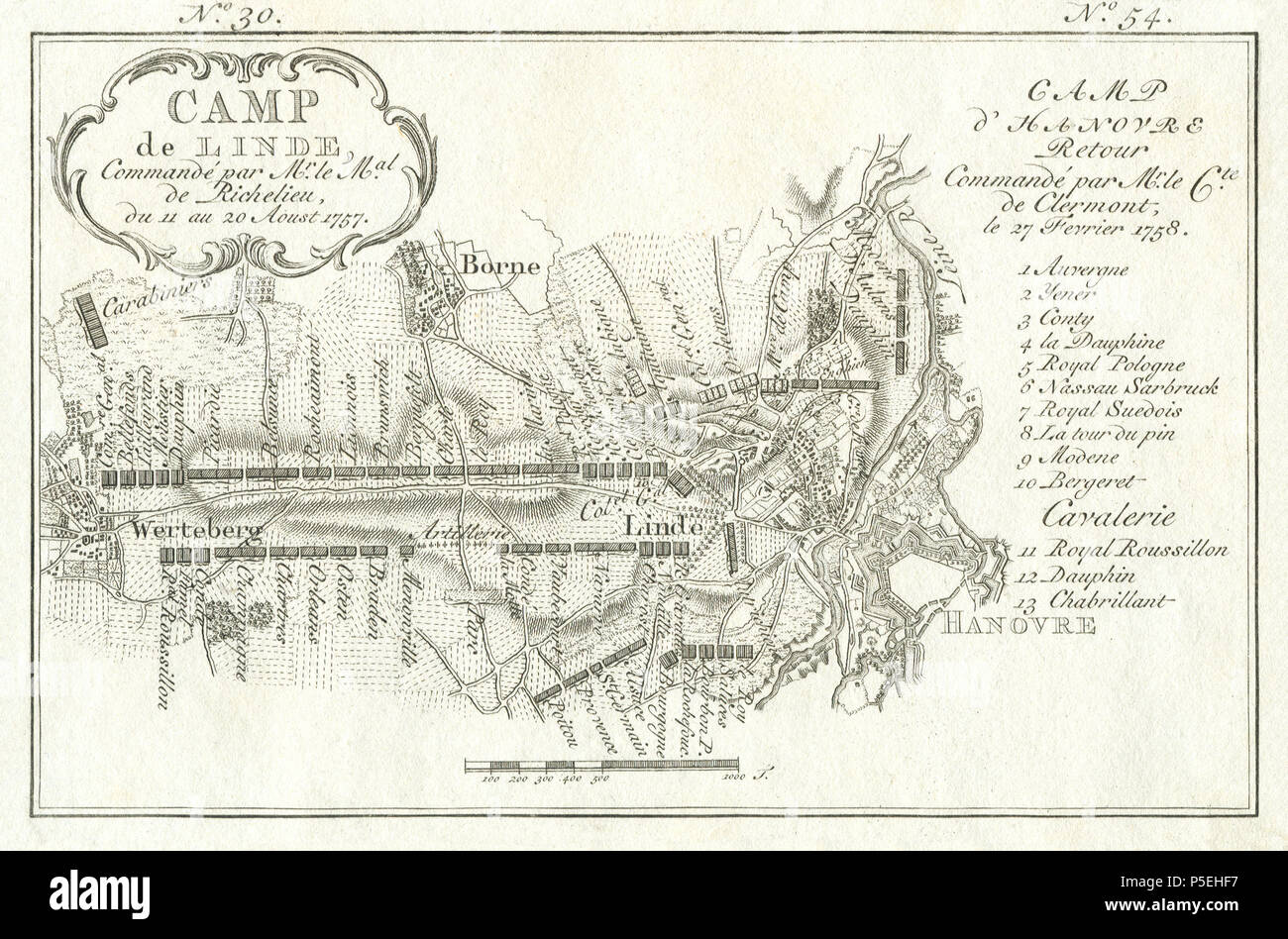 N/A. Inglese: carta topografica, n. 30 & n. 54, dei campi - Linde et Hanovre - nella guerra dei sette anni nel 1757 e 1758 (dettaglio modificato: poco 0,2 gradi di rotazione; mozzati & border-spazi ritoccate con contenuto nelle vicinanze; gli spazi dell'immagine: distrarre gli spot e alcuni graffi ritoccate) Deutsch: Topografische Karte n. 30 & n. 54 der Feldlager - Linde et Hanovre - im Siebenjährigen Krieg 1757 und 1758 Français : Campi topographiques n. 30 & n. 54 de la Campagne de MDCCLVII, en Westphalie . 1760. Jakob van der Schley (1715-1779) nomi alternativi Jacob van der Schley, Jakob van der Foto Stock
