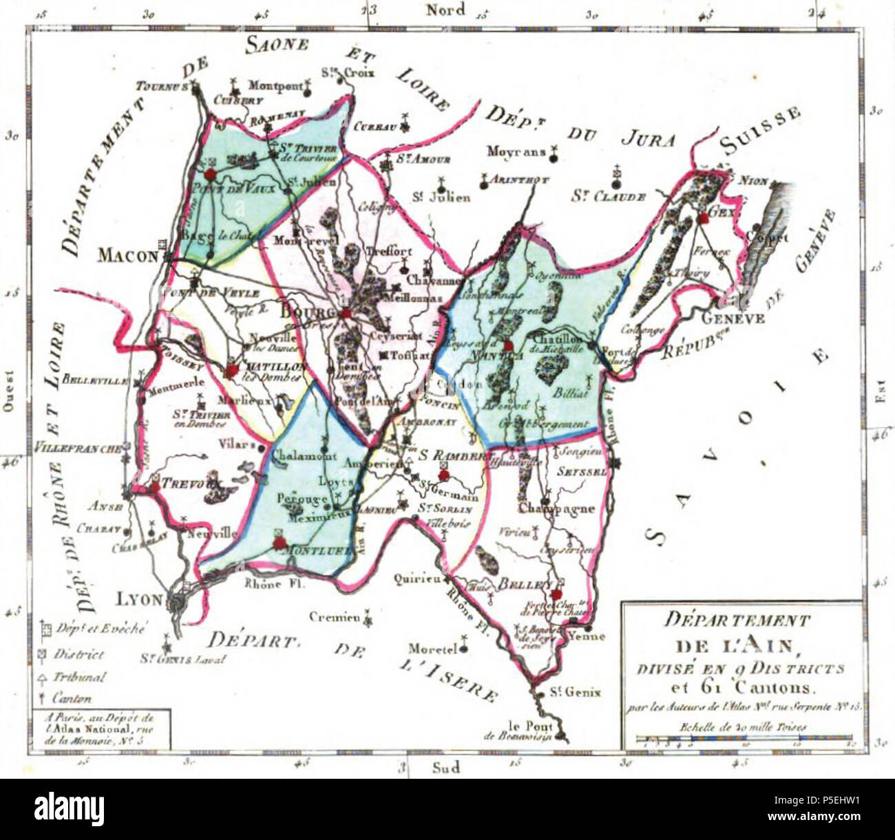 488 Département de l'Ain divisé en 9 distretti et 61 cantoni, Atlas national de France, 1792 Foto Stock
