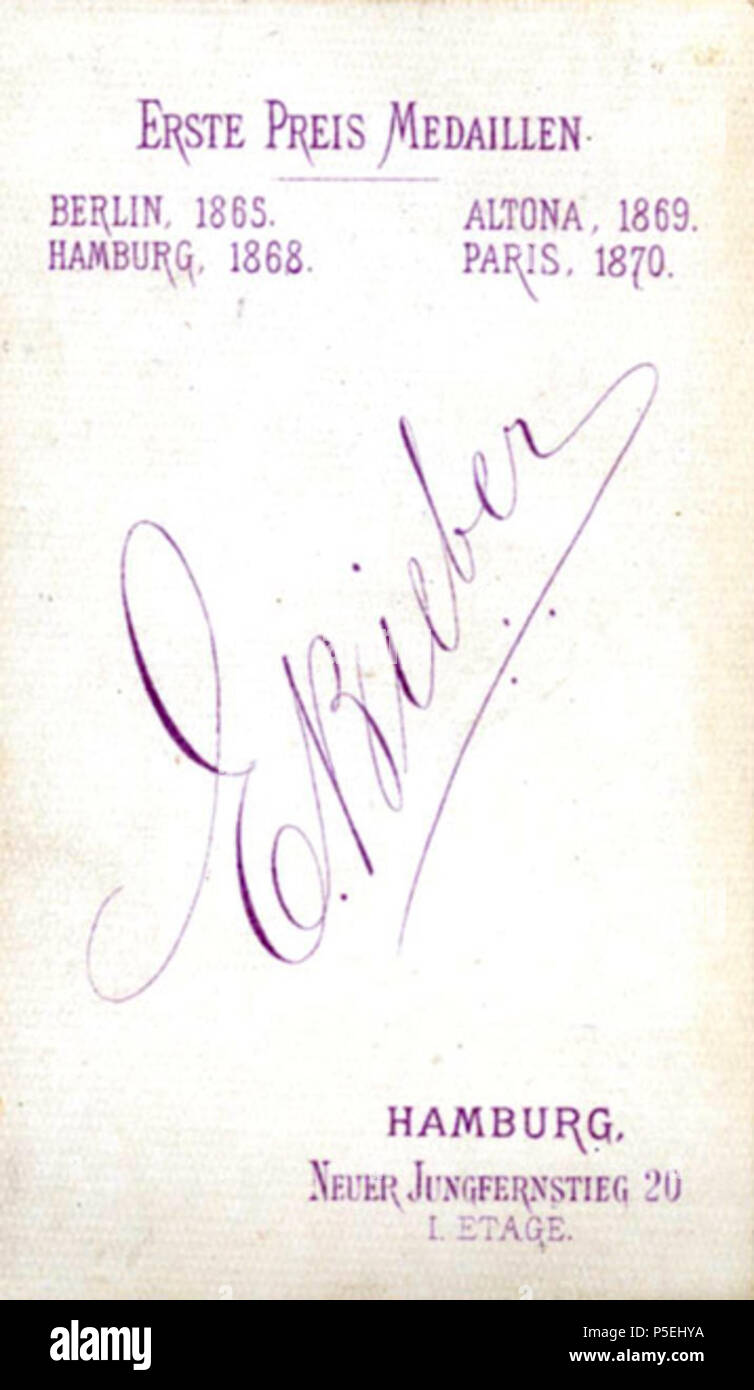 N/A. Inglese: revers CdV E. Bieber E. Bieber circa 1872 i nomi di località/città e anno per medaglie donate Deutsch: Revers CdV E. Bieber E. Bieber um 1872 Angaben von Ort u. Jahreszahl zu erworbenen Medaillen/Auszeichnungen . Il 25 novembre 2015. gie. Archiv 199 BieberCdVRever09 Foto Stock