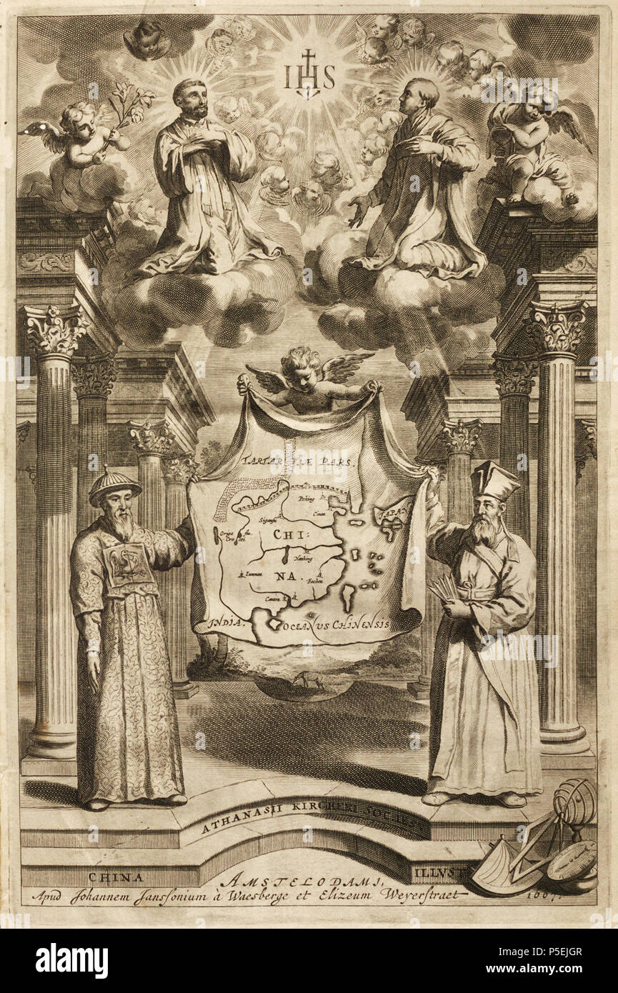 N/A. Inglese: Frontespizio per Athanasius Kircher, 1667 Cina illustrato, pubblicato ad Amsterdam da Elisée o Elizaeus Weyerstraet e Jan Janszoon van Waesberghe, raffiguranti Adam Schall, un angelo e Matteo Ricci la visualizzazione di una mappa della Cina sotto SS Francesco Saverio e Ignazio di Loyola venerare un IHS raffigurante Gesù Cristo circondato da angeli. Nota il mandarino quadrato su Schall la veste. Latina: Athanasii Kircheri Cina monumenti: qua Sacris quà Profanis, nec non Variis Naturae & Artis Spectaculis, Aliarumque Rerum Memorabilium Argumentis illustrata... Amstelodami apud Joannem Janssonium Foto Stock N/A. Inglese: Frontespizio per Athanasius Kircher, 1667 Cina illustrato, pubblicato ad Amsterdam da Elisée o Elizaeus Weyerstraet e Jan Janszoon van Waesberghe, raffiguranti Adam Schall, un angelo e Matteo Ricci la visualizzazione di una mappa della Cina sotto SS Francesco Saverio e Ignazio di Loyola venerare un IHS raffigurante Gesù Cristo circondato da angeli. Nota il mandarino quadrato su Schall la veste. Latina: Athanasii Kircheri Cina monumenti: qua Sacris quà Profanis, nec non Variis Naturae & Artis Spectaculis, Aliarumque Rerum Memorabilium Argumentis illustrata... Amstelodami apud Joannem Janssonium Foto Stock