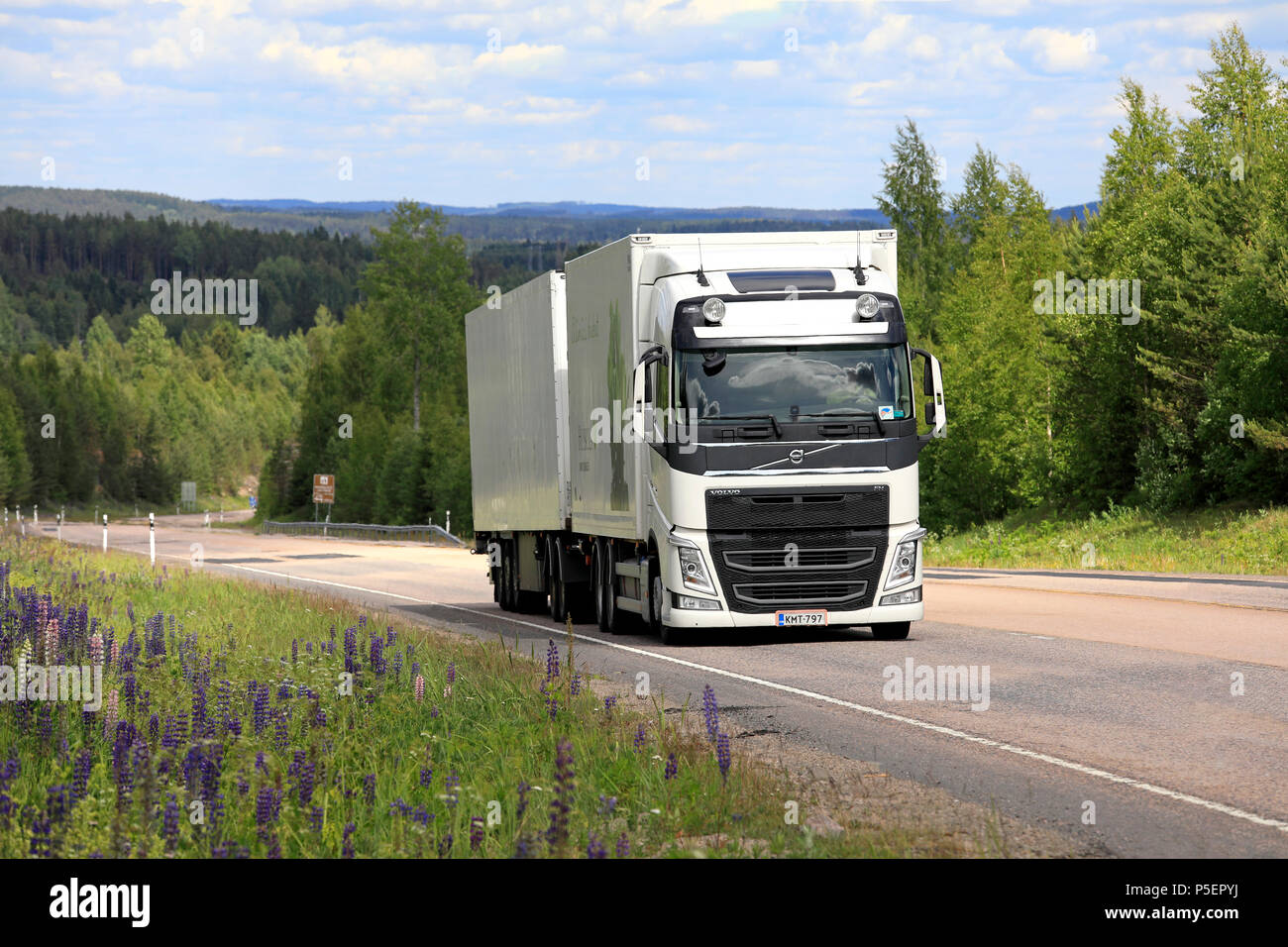 White Volvo FH carrello e il rimorchio pieno per Huiskula fiore il trasporto su New Scenic 5 posti in autostrada in estate in Jamsa, Finlandia - 14 giugno 2018. Foto Stock