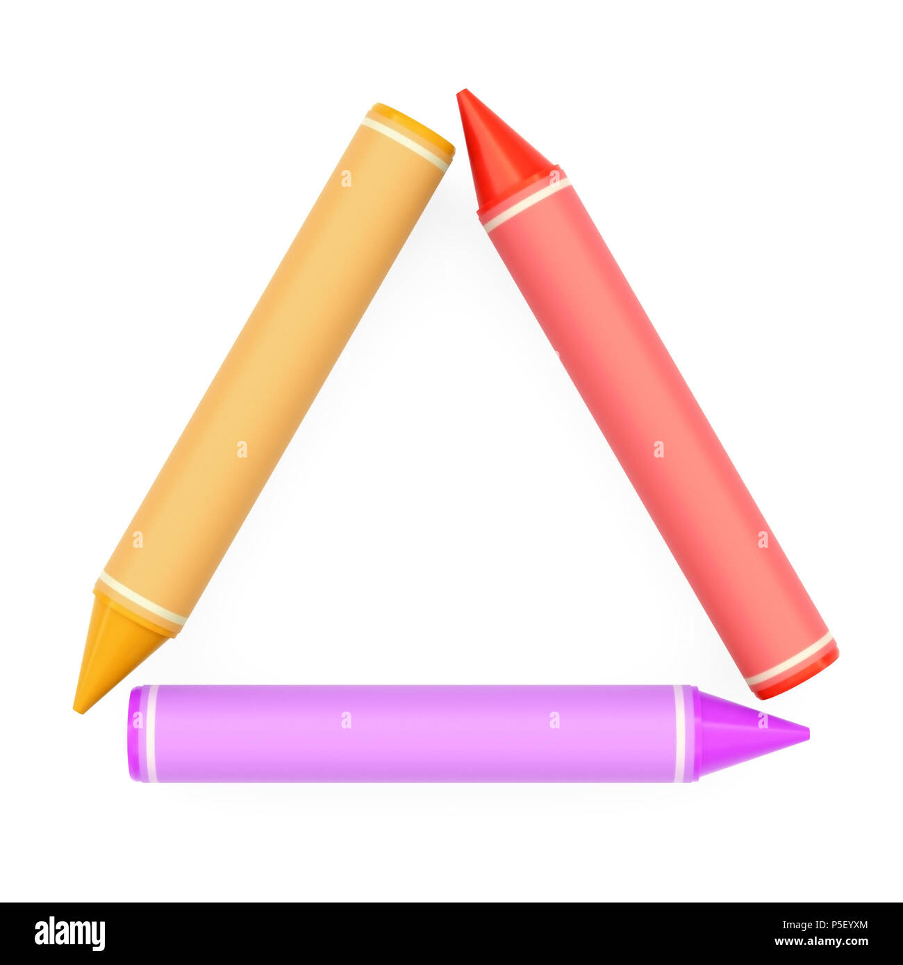 La cera colorata pastelli assemblato come set di font Symbol - a triangolo o a delta forma su sfondo bianco, 3D reso per l educazione e la tipografia infantile Foto Stock