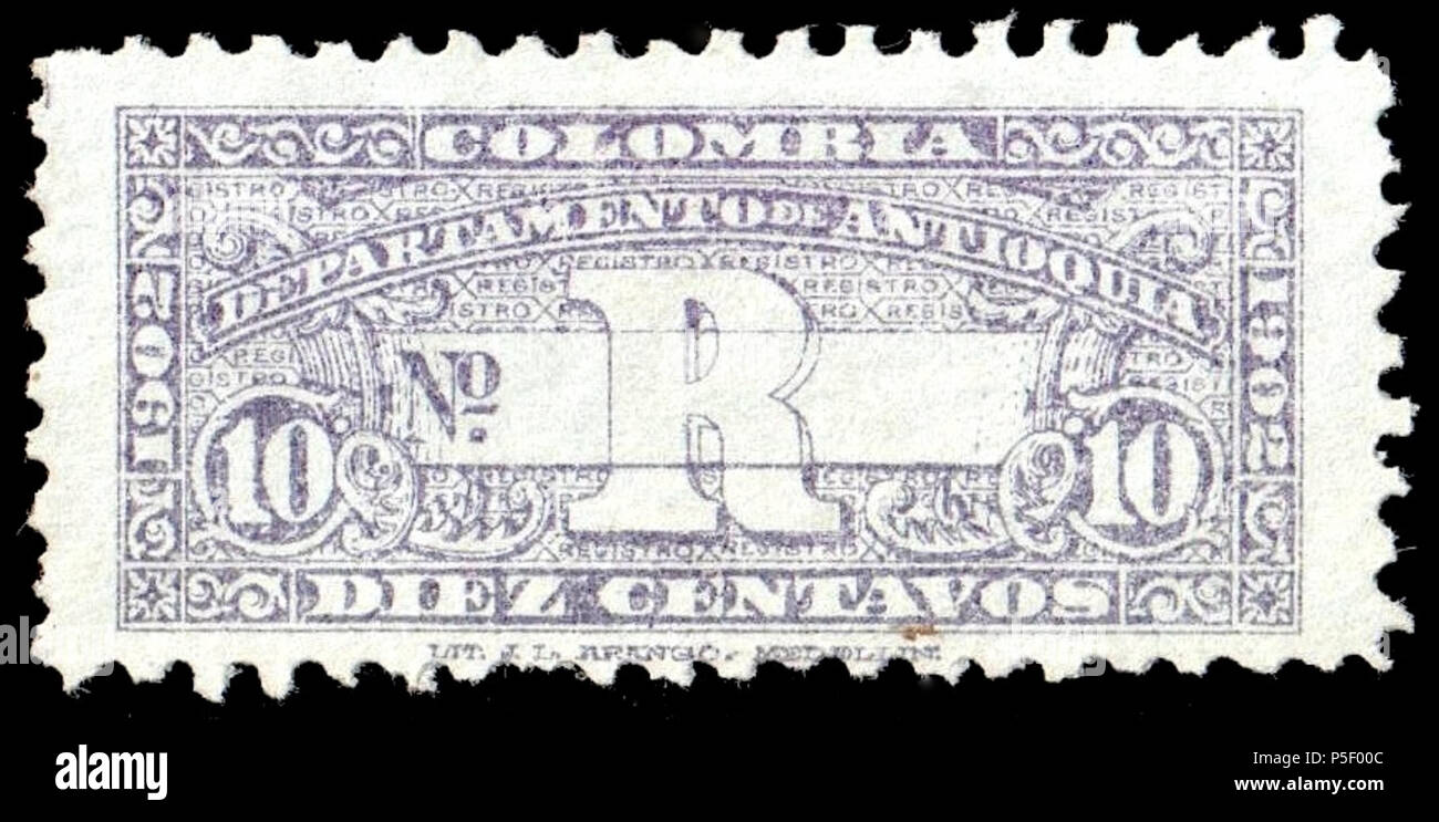 N/A. Inglese: Stato colombiano di Antioquia, registrazione timbro, 10c viola sul blu, menta. Catalogo: Sc. F5 . 1902. Stato colombiano di Antioquia 368 Colombia Antioquia 1902 SCF5 Foto Stock