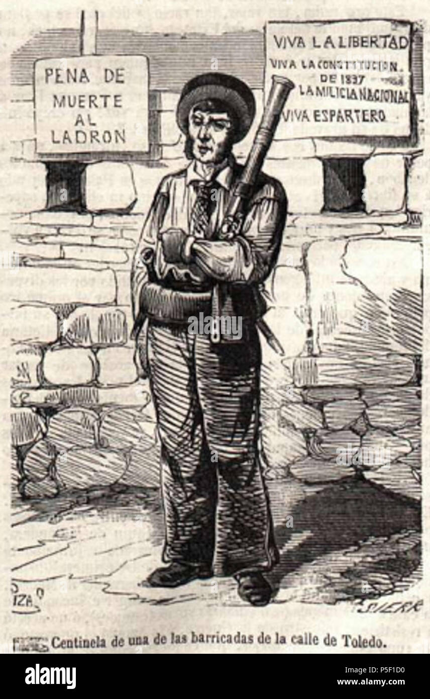 N/A. Español: Centinela de n.a. de las barricadas de la calle de Toledo, en la revista española la Ilustración. Il 7 agosto 1854. Dibujo: Cecilio Pizarro (1825-1886) nomi alternativi Pizarro Descrizione pittore spagnolo ed il cassetto Data di nascita e morte 1825 1886 Luogo di nascita e morte Toledo Madrid competente controllo : Q18018052 VIAF:87199972 ULAN:500037834 BNE:XX1460419 RKD:130818 Grabado: Joaquín Sierra y Ponzano (1821-) Descrizione Incisore Spagnolo Data di nascita 1821 Luogo di nascita Madrid periodo di lavoro s. XIX competente controllo : Q17504853 BNE:XX1548067 286 Centinela de u Foto Stock