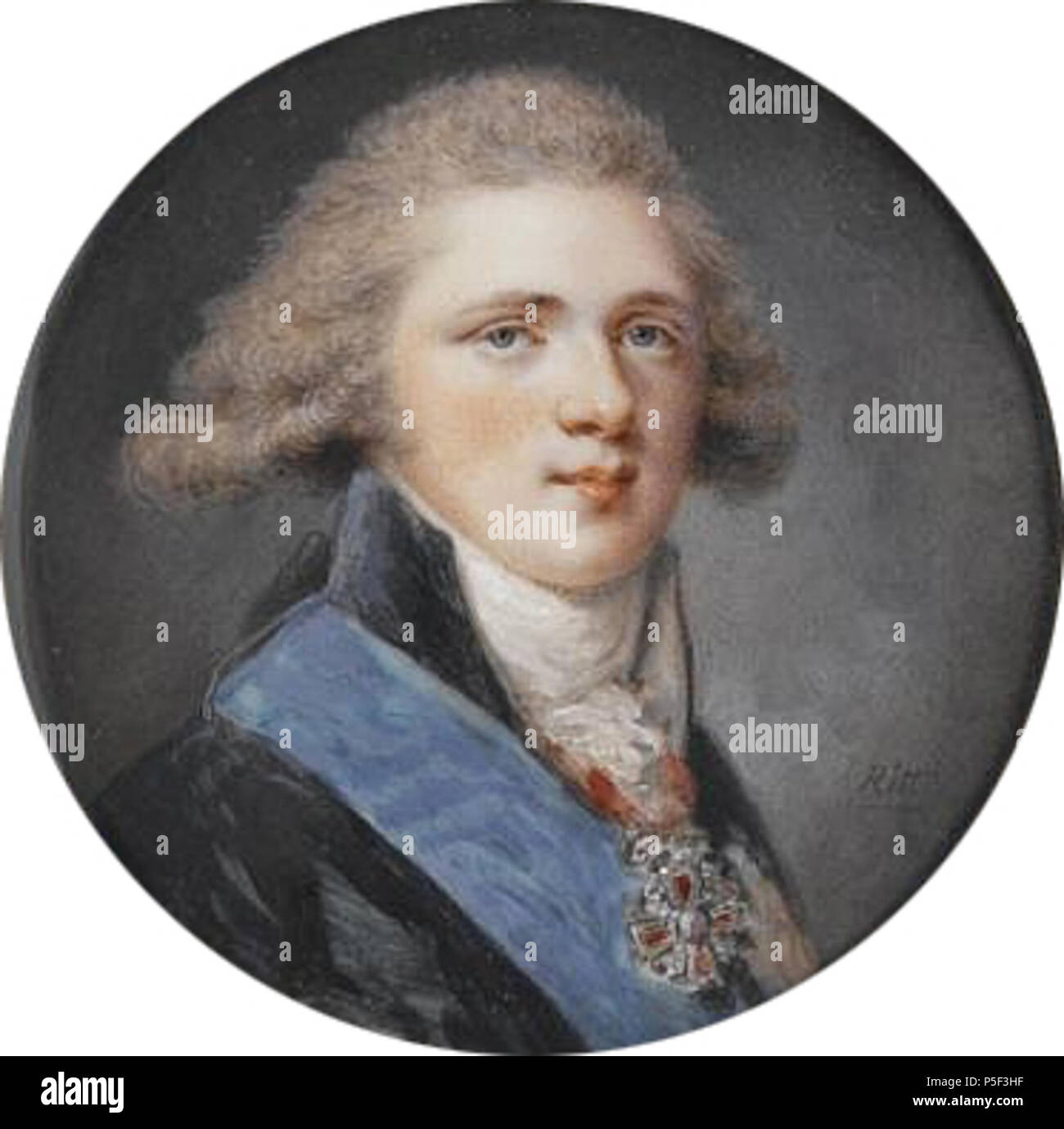 N/A. .. . . . . 1790-. Lotto 117: Augustin Ritt , 1765-1799 ritratto del granduca Alessandro Pavlovich, successivamente Alessandro I, Imperatore di tutte le Russie (1777-1825) Importante miniature da una collezione privata da Sotheby's 16 aprile 2008 Londra, Regno Unito Descrizione: indossa un mantello nero e bianco cravat, con l'anta dell'Ordine di Sant'Andrea e lo stemma dell Ordine di San Alexander-Nevsky, silver-cornice dorata con perle coltivate e granati firmato l.r.: Ritt., circa 1793 Note: In un elenco del suo lavoro Augustin Ritt registrati che dipinge due ritratti del granduca Alessandro Foto Stock