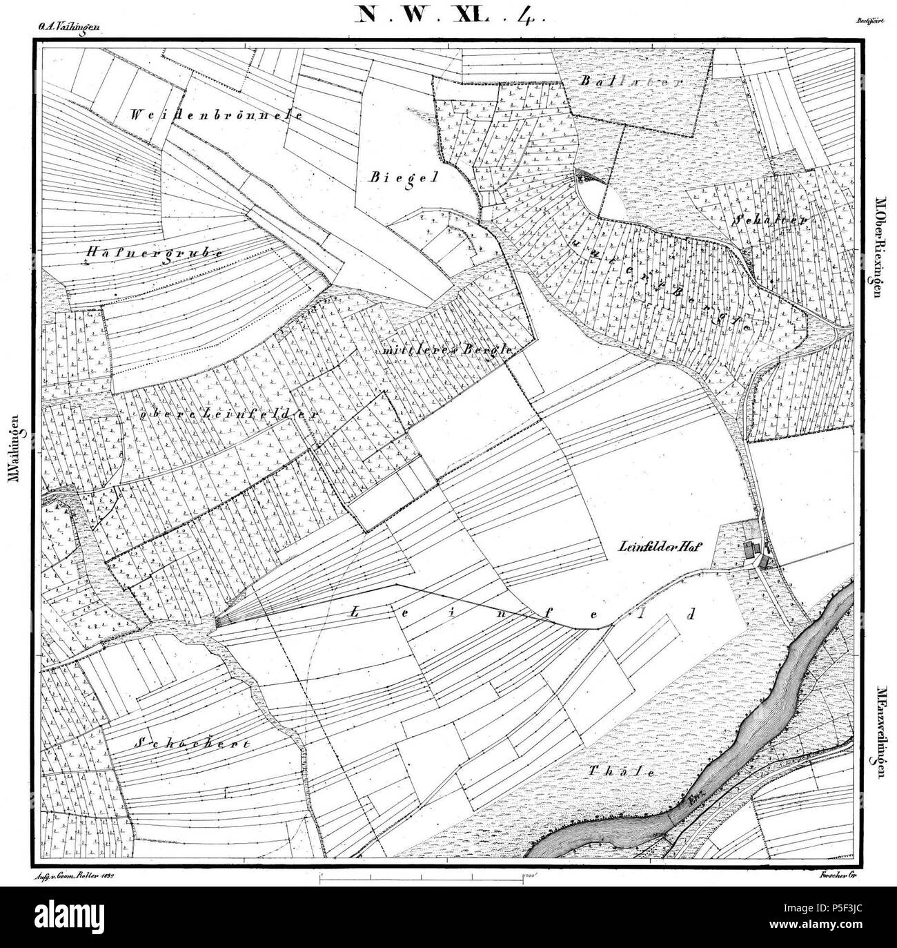 N/A. Deutsch: Leinfelder Hof auf der württembergischen Urflurkarte (1832), Planquadrat XL, 4, Maßstab 1:2500. Heute auf Enzweihinger Markung (Vaihingen/Enz) . 1832. Statistisch-Topographisches Bureau des Königreichs Württemberg 28 1832 Leinfelder Hof UFK XL-4 LABW StA Ludwigsburg Foto Stock