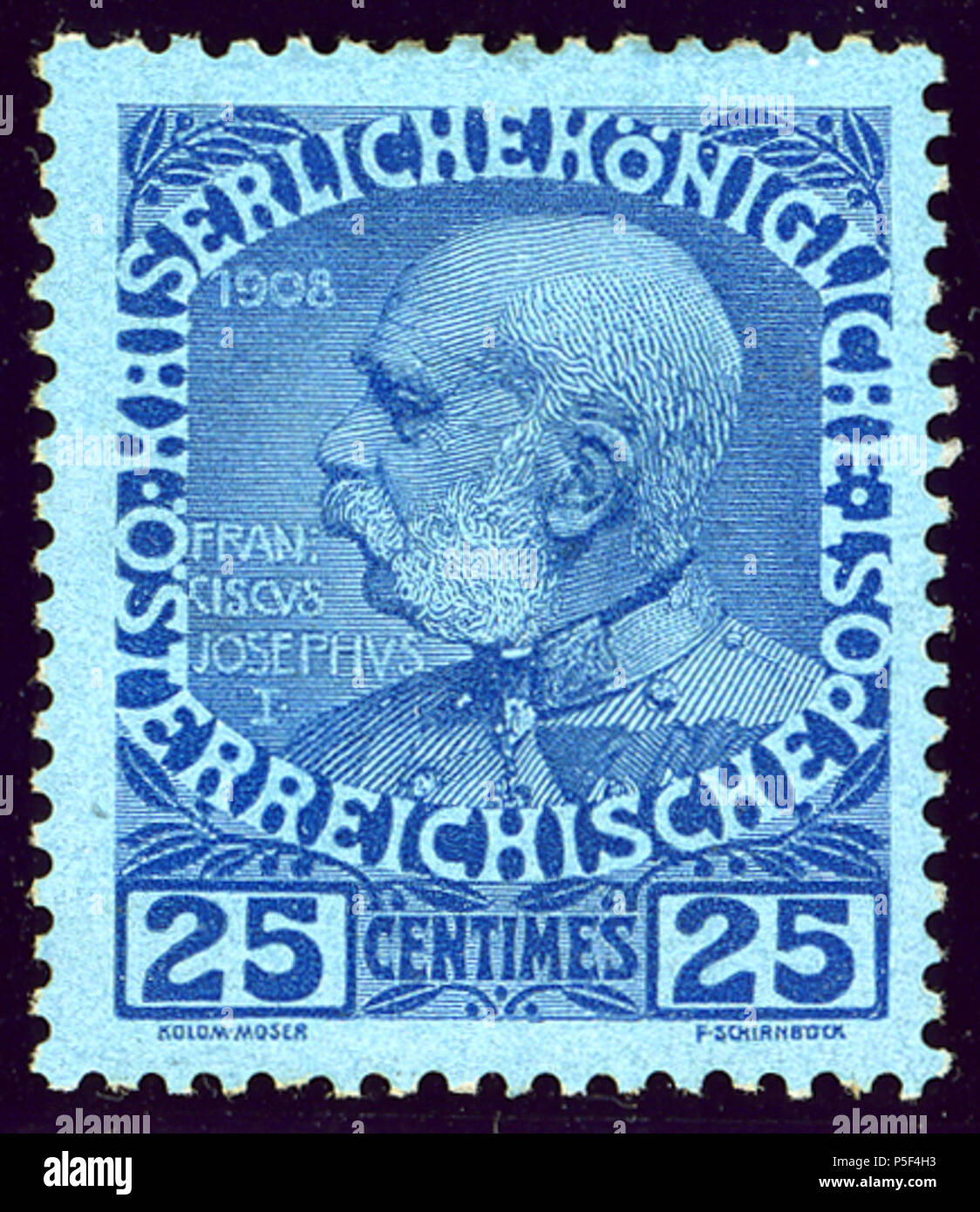 N/A. Inglese: 25 centesimi 1908 tema giubilare per l'uso in Levante. Michel inutilizzati N°20x. 4 marzo 2015, 23:42:10. Koloman Moser (1868-1918) nomi alternativi Kolo Moser Descrizione pittore austriaco, designer e architetto e francobollo designer Data di nascita e morte 30 Marzo 1868 19 ottobre 1918 Luogo di nascita e morte a Vienna il luogo di lavoro autorità di Vienna : controllo Q45055 VIAF:37018321 ISNI:0000 0001 2100 6848 ULAN:500030689 LCCN:N82047170 NLA:35692558 WorldCat 32 1908 KK Levant 25centesimi carta blu Mi20x Foto Stock