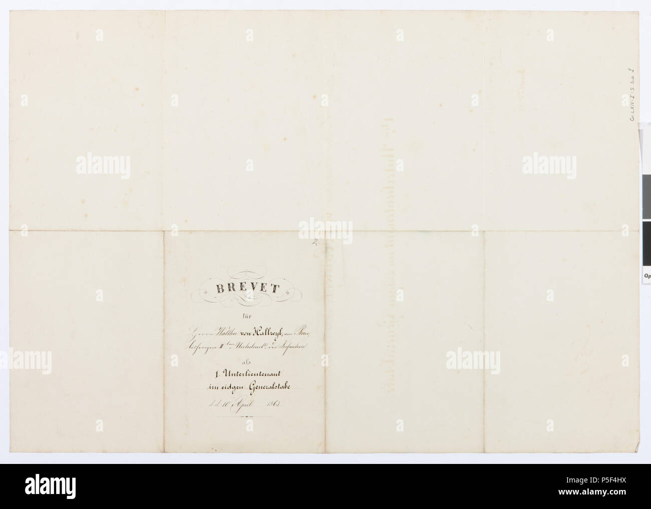 Inv.nr:LXIV:I:S.b.a.02. 164 Baksidan av av befodran Walther von Hallwyl fino a premiärlöjtnant - Hallwylska museet - 102523 Foto Stock