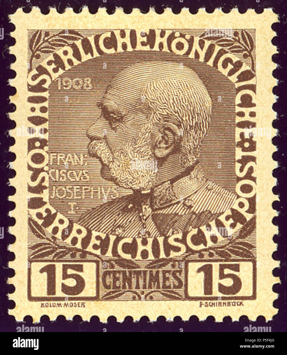 N/A. Inglese: 15 centesimi 1908 tema giubilare per l'uso in Levante, camoscio carta. Michel inutilizzati N°19. 15 luglio 1908 (scansione 2015-03-05). Koloman Moser (1868-1918) nomi alternativi Kolo Moser Descrizione pittore austriaco, designer e architetto e francobollo designer Data di nascita e morte 30 Marzo 1868 19 ottobre 1918 Luogo di nascita e morte a Vienna il luogo di lavoro autorità di Vienna : controllo Q45055 VIAF:37018321 ISNI:0000 0001 2100 6848 ULAN:500030689 LCCN:N82047170 NLA:35692558 WorldCat 32 1908 KK Levant 15centesimi Mi19 Foto Stock