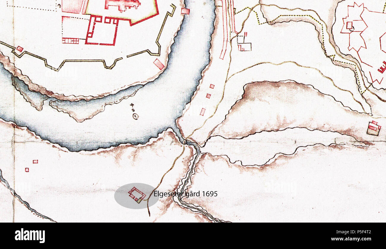 N/A. Inglese: la sezione di una vecchia mappa di Trondheim, mostrando Elgeseter gård(=farm) a sud del fiume Nidelva. La cattedrale Nidaros nella parte superiore della mappa . circa 1695. Sconosciuto 504 Elgeseter farm 1695 Foto Stock