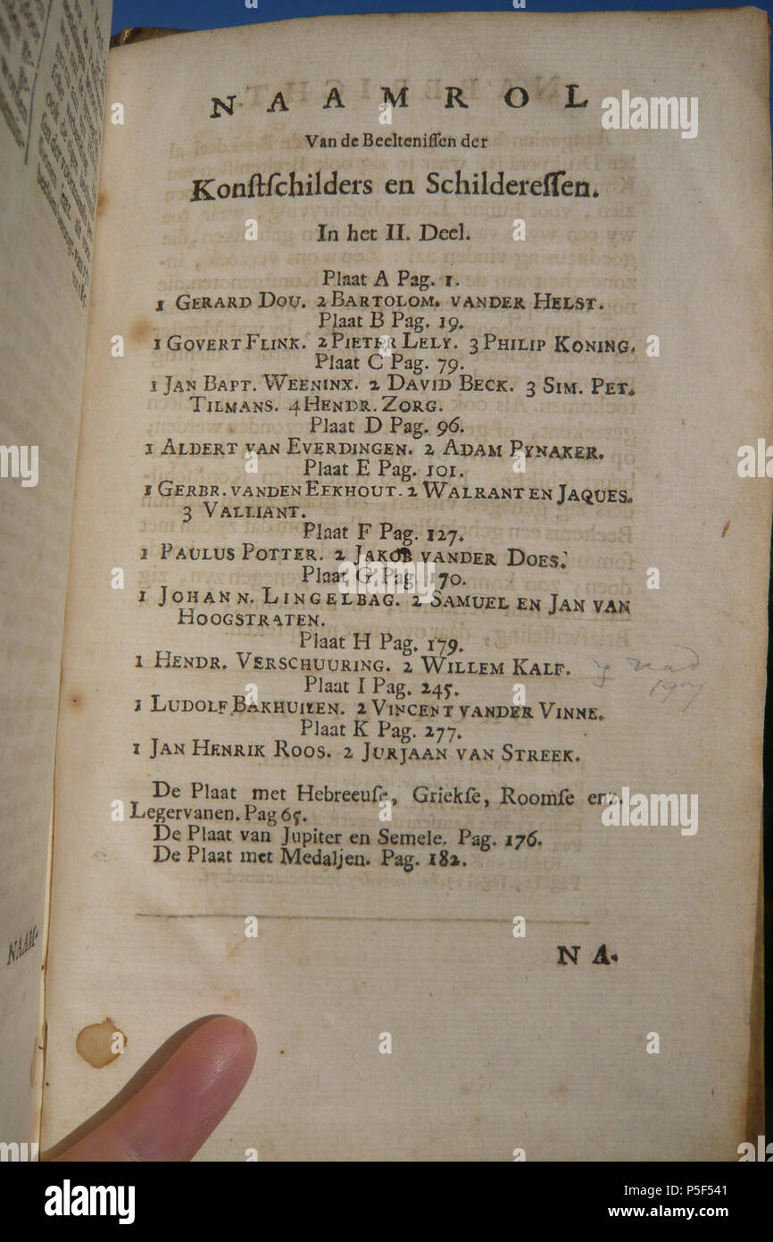 N/A. Inglese: copia di Arnold Houbraken's Schouburg dal 1719 (pubblicato e venduto dall'autore) Nederlands: Naamrol Van de Beeltenissen der Konstschilders en Schilderessen. In het II. Deel. Plaat una Pag. 1. 1 Gerard Dou. 2 Bartolomé, vander Helst. Plaat B Pag. 19. 1 Govert Flink. 2 Pieter Lely. 3 Filippo Koning. Plaat C Pag. 79. 1 Jan Bapt. Weeninx. 2 David Beck. 3 Sim. Il Pet. Tilmans. 4 Hendr. Zorg. Plaat D Pag. 96. 1 Aldert van Everdingen. 2 Adam Pynaker. Plaat e Pag. 101. 1 Gerbr. vanden Eekhout. 2 en 3 Wallerant en Jaques Vaillant. Plaat F Pag. 127. 1 Paulus Potter. 2 Jakob vander l. Plaat G Foto Stock