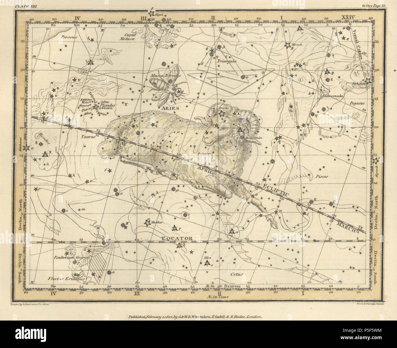 N/A. Piastra 13 da un atlante celeste comprendente un display sistematica del cielo in una serie di trenta mappe illustrato dalla descrizione scientifica dei loro contenuti e accompagnate da cataloghi delle stelle e esercizi astronomici . 1822. Alexander Jamieson 81 Alexander Jamieson Atlas-Plate celesti 13 Foto Stock