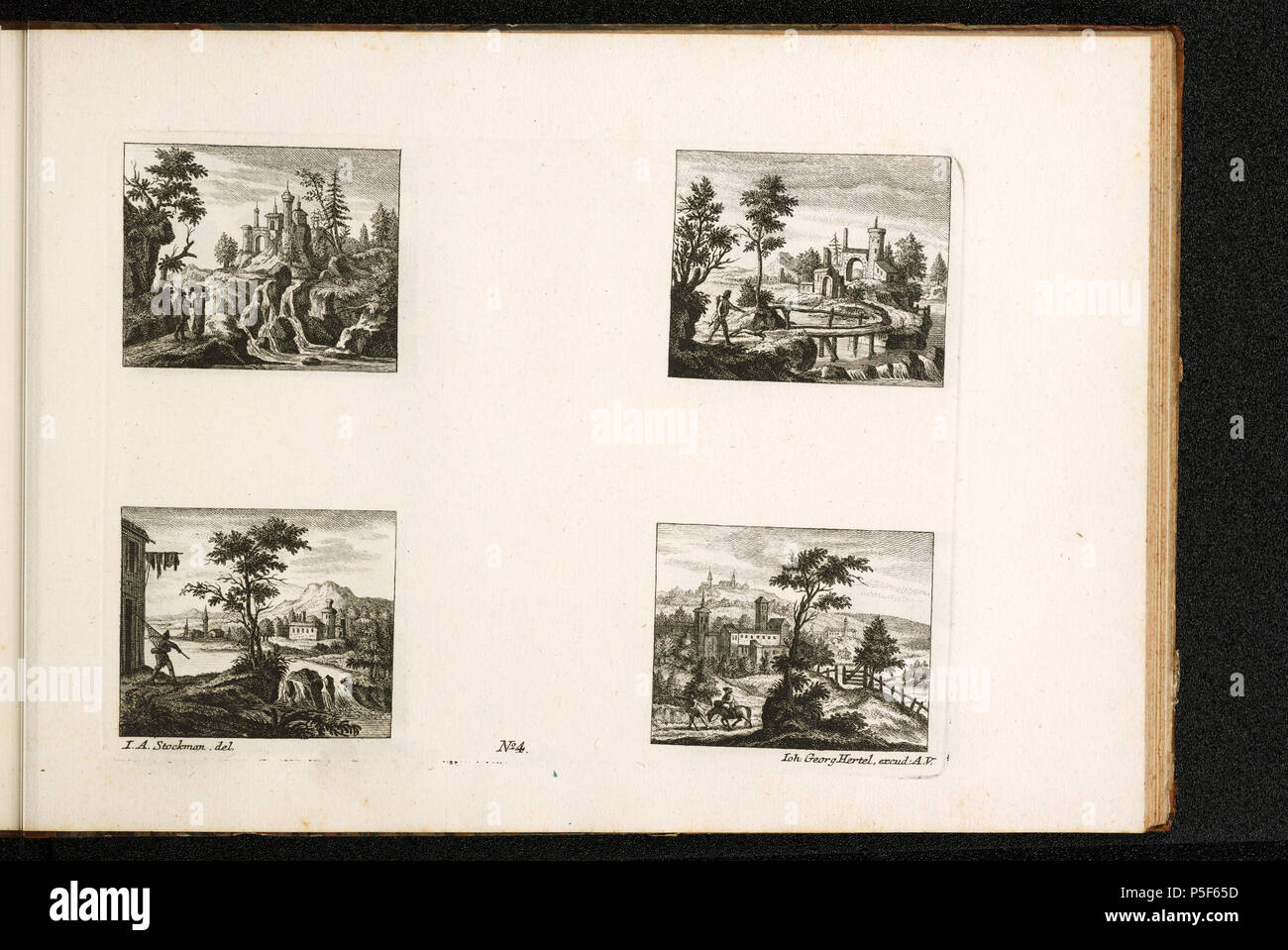 Stampe e Disegni dipartimento . [4 Landschaften]; n. 4 [Landschaften mit Architekturstaffagen]; [recto links unten]: I.A. Stockmann, del. [Unten Mitte]: N° 4. [Unten rechts]: Ioh: Georg Hertel, excud: A.V.; Vier Ideallandschaften . Il XVIII secolo. Stockmann Johann Adam [MalerIn/ZeichnerIn] 288 CH-NB - -4 Landschaften- - Collezione Gugelmann - GS-GUGE-2-e-63 Foto Stock